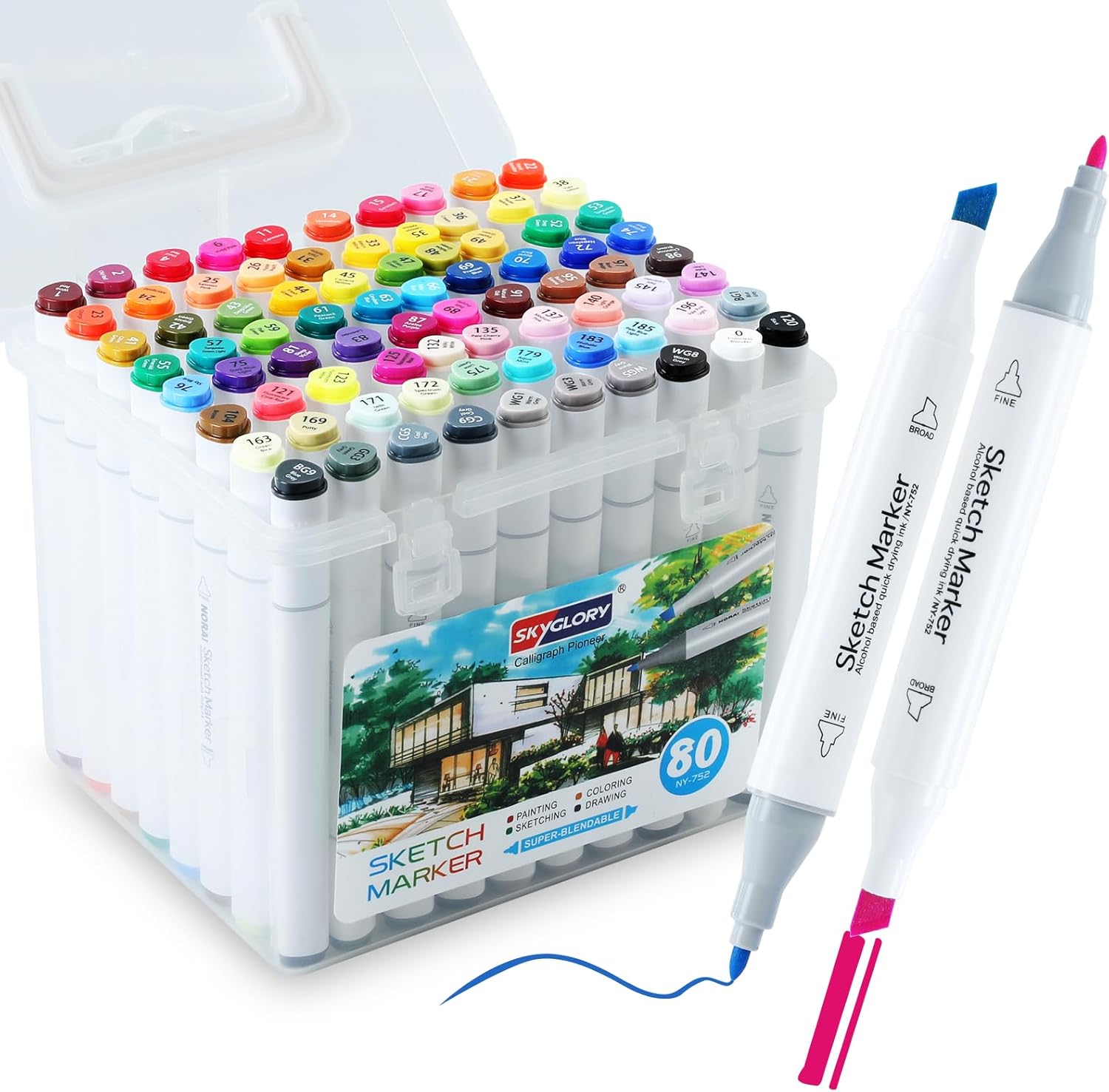 Alcohol Markers, 80 Colors Dual Tip Art Coloring Markers for Adult Coloring Books, Drawing, Sketching, Illustration with Carrying Case-White