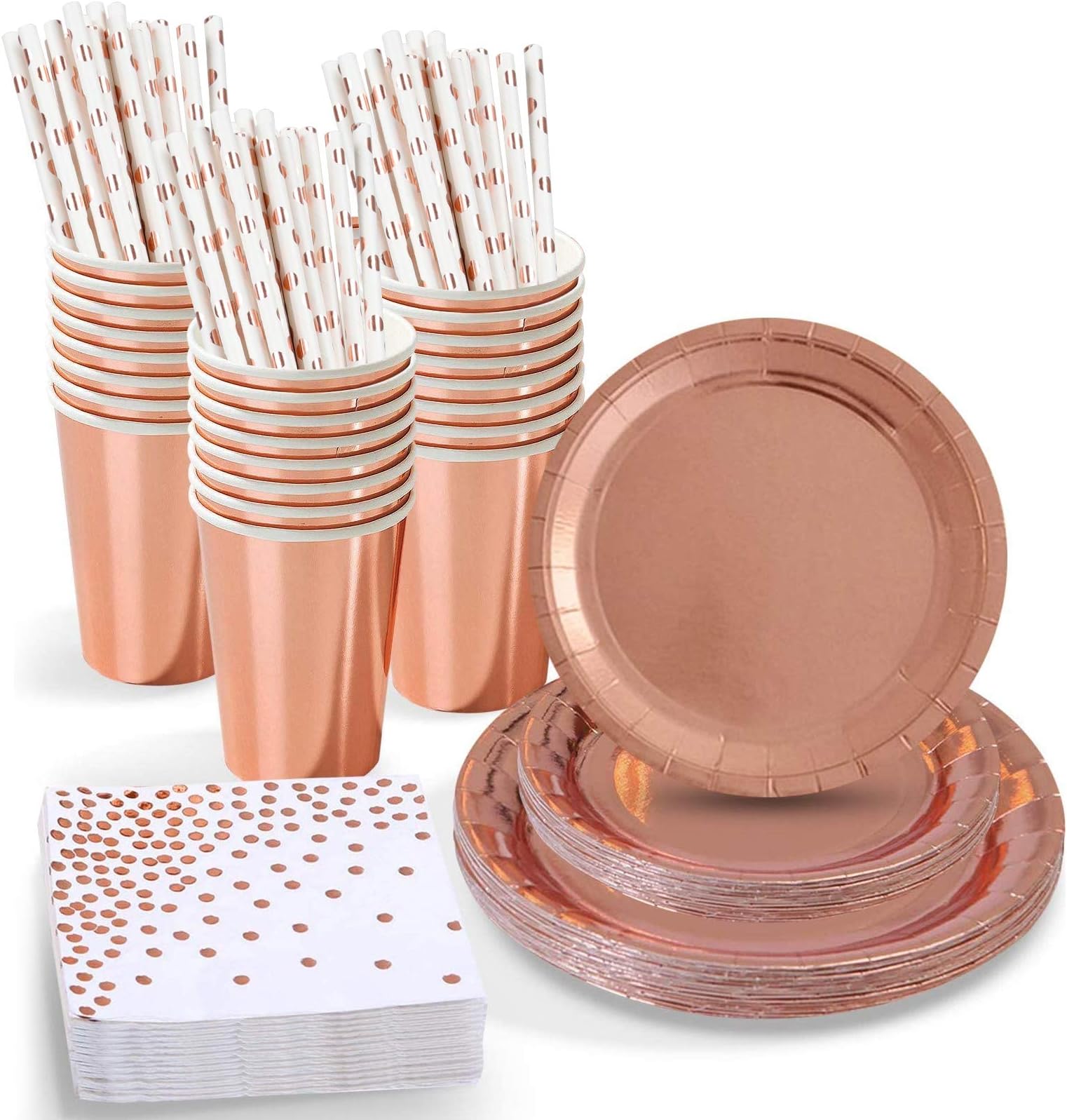 Rorchio Rose Gold Party Plates Tableware Set Include Rose Gold Paper Plates, Dessert Plates, Paper Napkin, Paper Straws for Birthday Wedding Party Supplies (Serve 16 Guest)