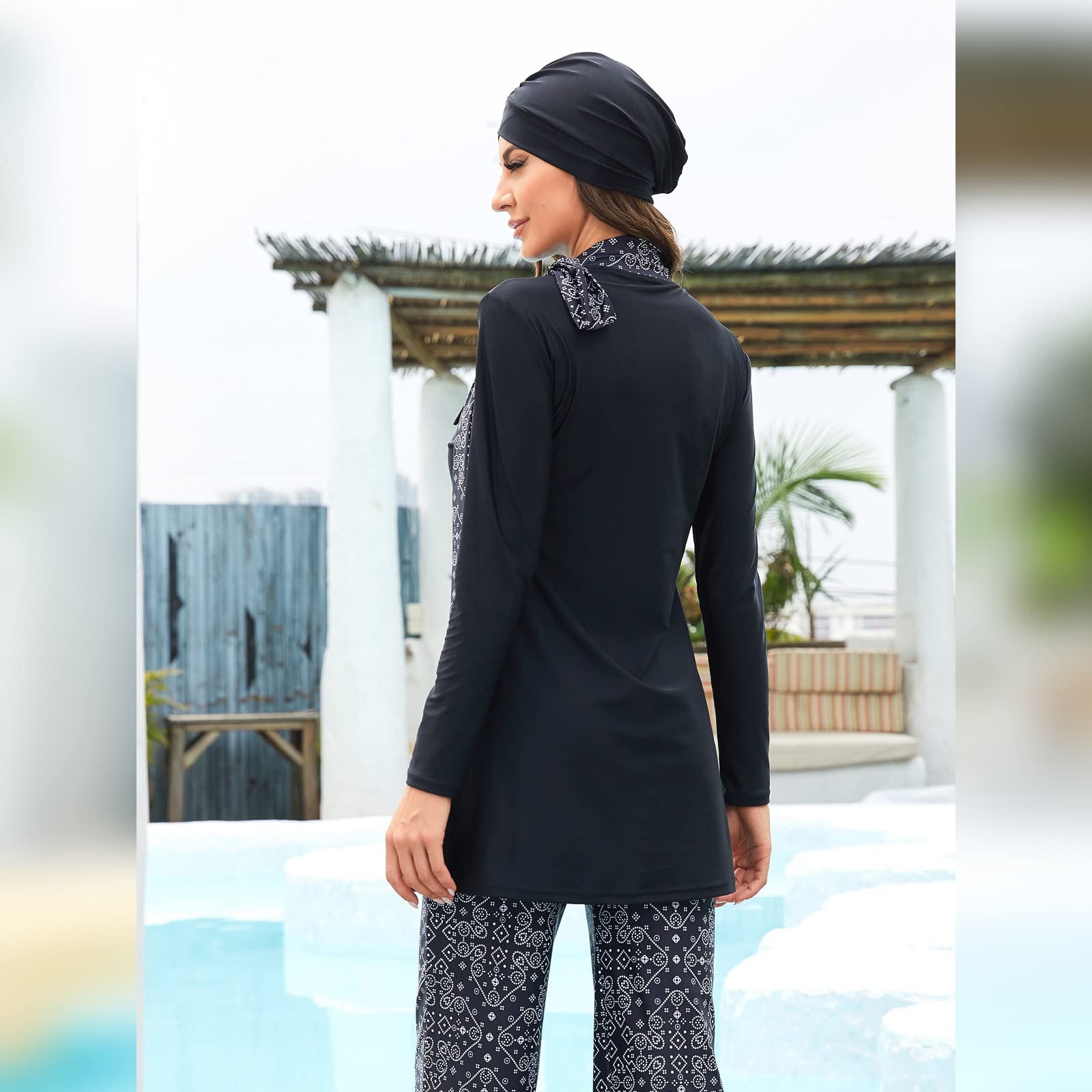 IMEKIS Costume da bagno da donna Burkini, 3 pezzi, musulmano, costume da bagno islamico, costume da bagno a maniche lunghe, con costume da bagno Hijab Tankini, Nero , XXX-Large