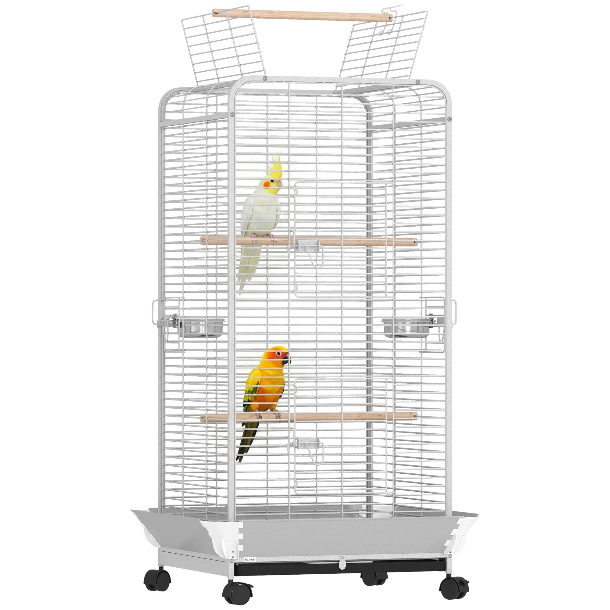 PawHut Jaula para Pájaros con Ruedas Jaula para Loros Bandeja Desmontable y Perchas Comederos Pajarera para Cotorras Cacatúas 79x73x146 cm Gris Claro