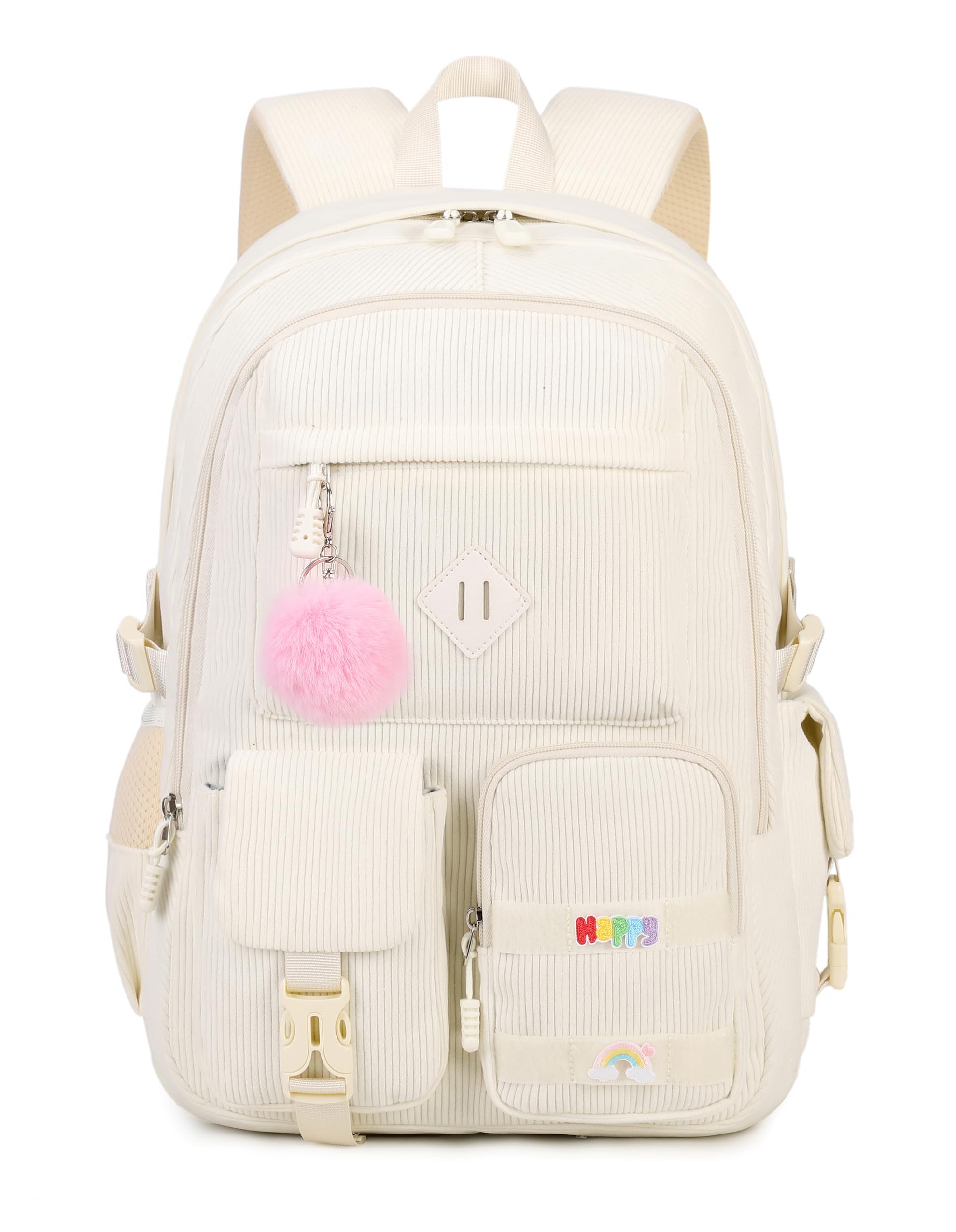 BLUWEI Girls Laptop Backpack Corduroy Bookbag For Teen Big Studen School Bag Durable Travel Daypack (2white)