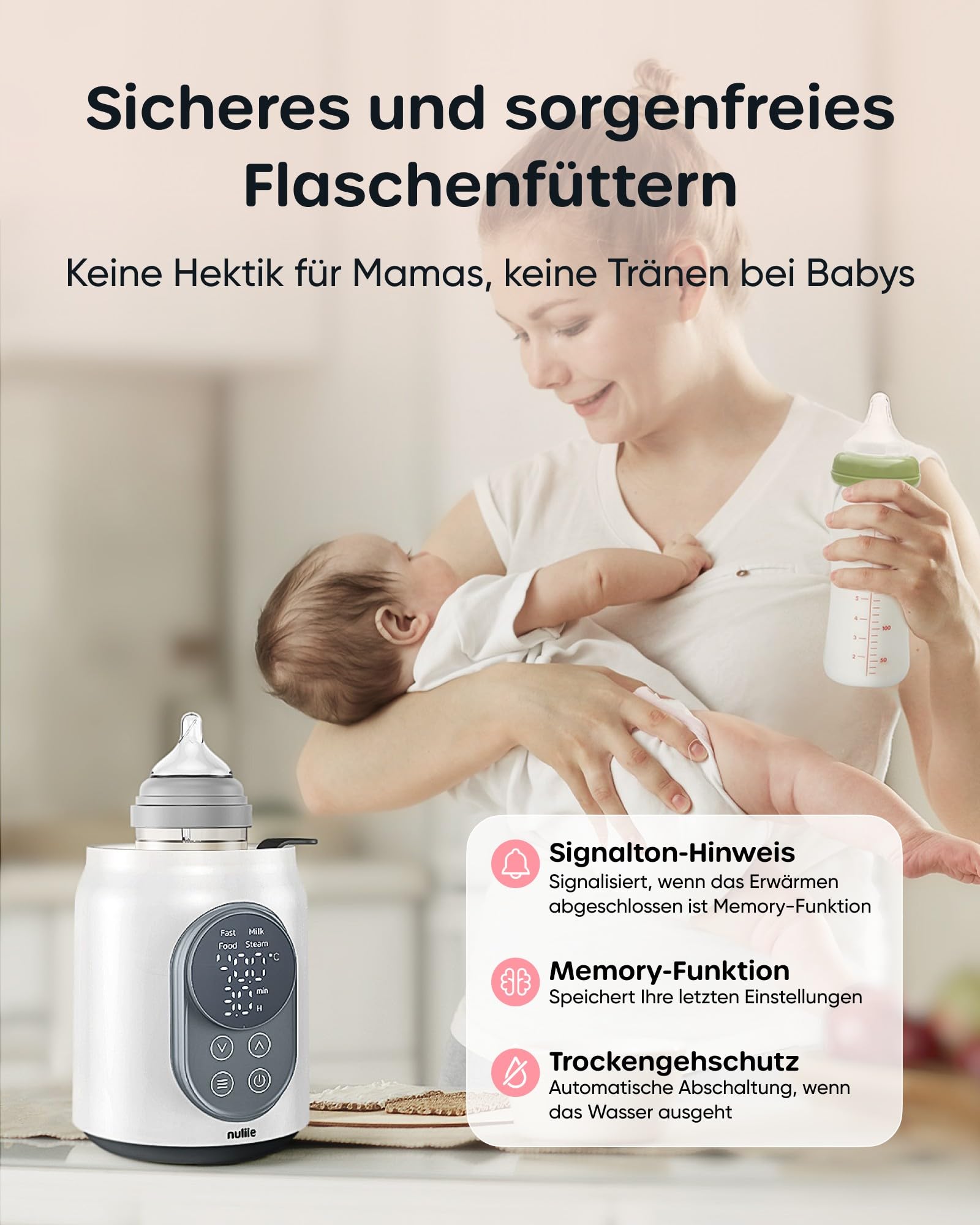 Flaschenwärmer Baby, Nuliie 10-in-1 Elektrischer Flaschenwärmer für Muttermilch oder Milchnahrung mit Intelligenter Temperaturregelung und Automatischer Abschaltung, 220V