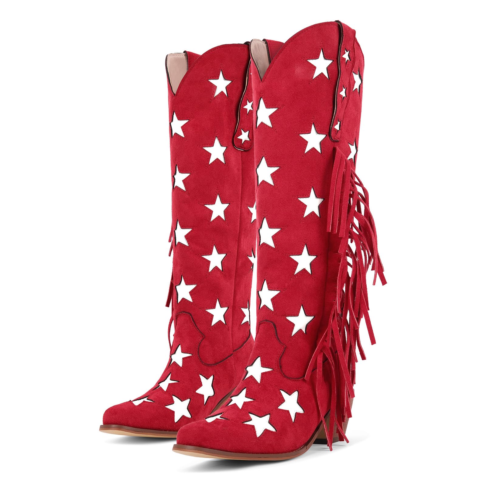 Womens Western Cowboy Cowgirl Boots Stars Block Heels Fringed Pull On Faux Suede Under the Knee High Boot