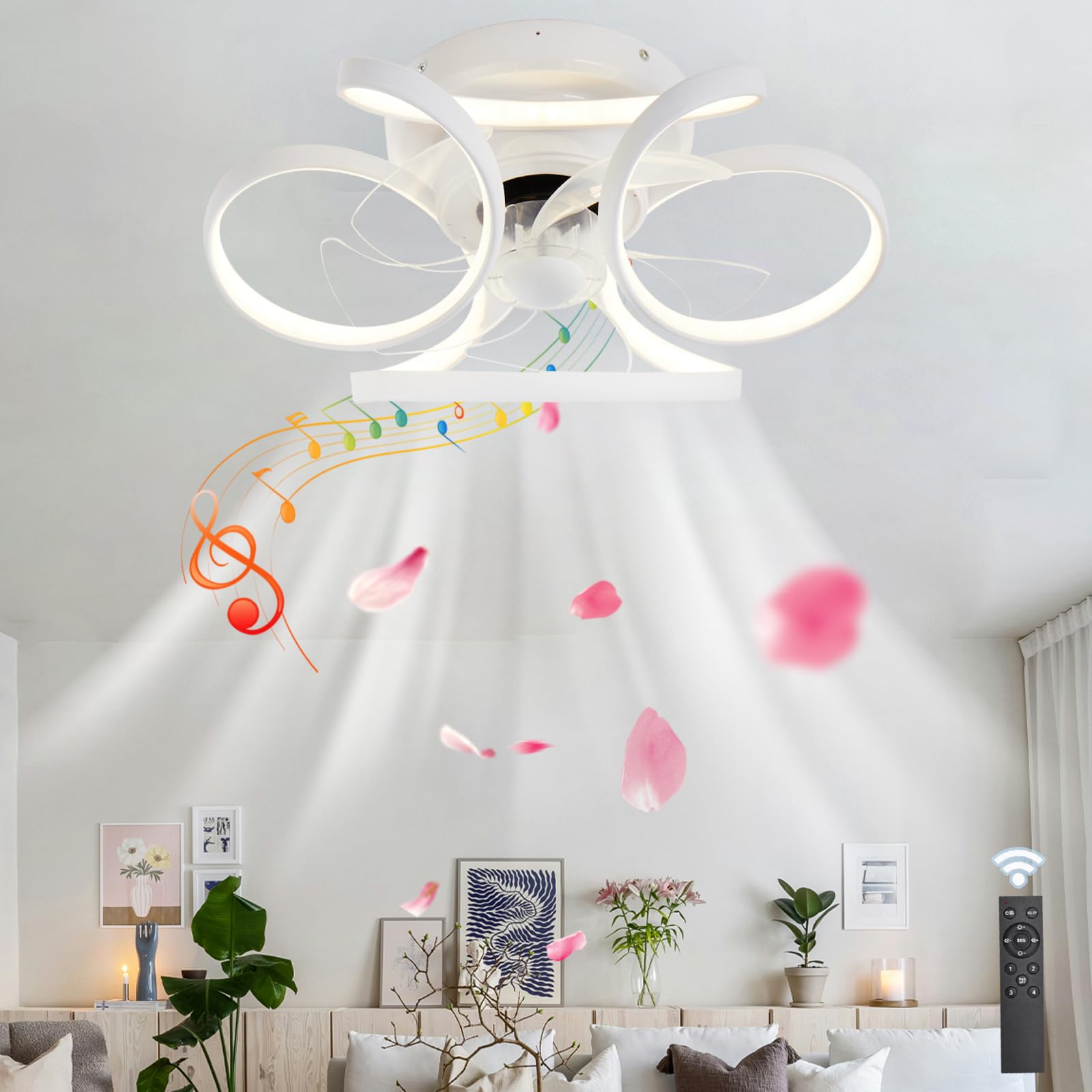 HXYSXHJUO Ceiling Fans with Lights Remote, Bluetooth Speaker, Reversible Fan Lamp, Dimmable LED Light Ceiling, Suitable for Bedroom Living Room-White-Bluetooth