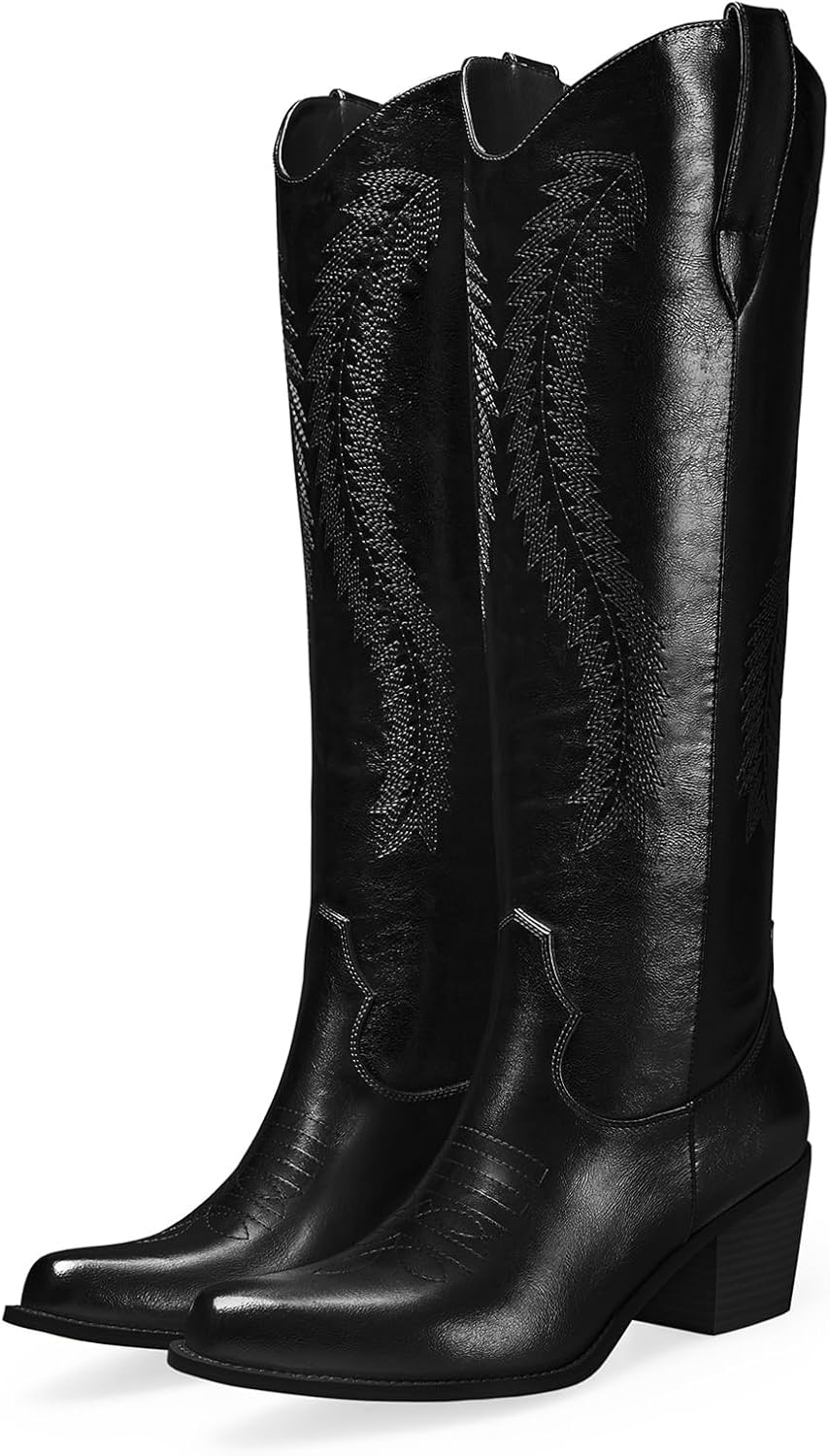 RKQ Women's Metallic Cowboy Boots Sparkle Knee High Cowgirl Boots Embroidered Western Wide Calf Boots with Pull on Tabs Pointed Toe Stacked Chunky Heel for Party Wedding Casual