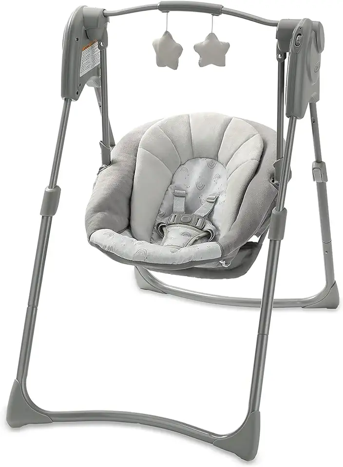 Graco Slim Spaces Compact Baby Swing, Space Saving Portable Bay Swing with Height Adjustable Legs &amp; Soft Toys, Reign