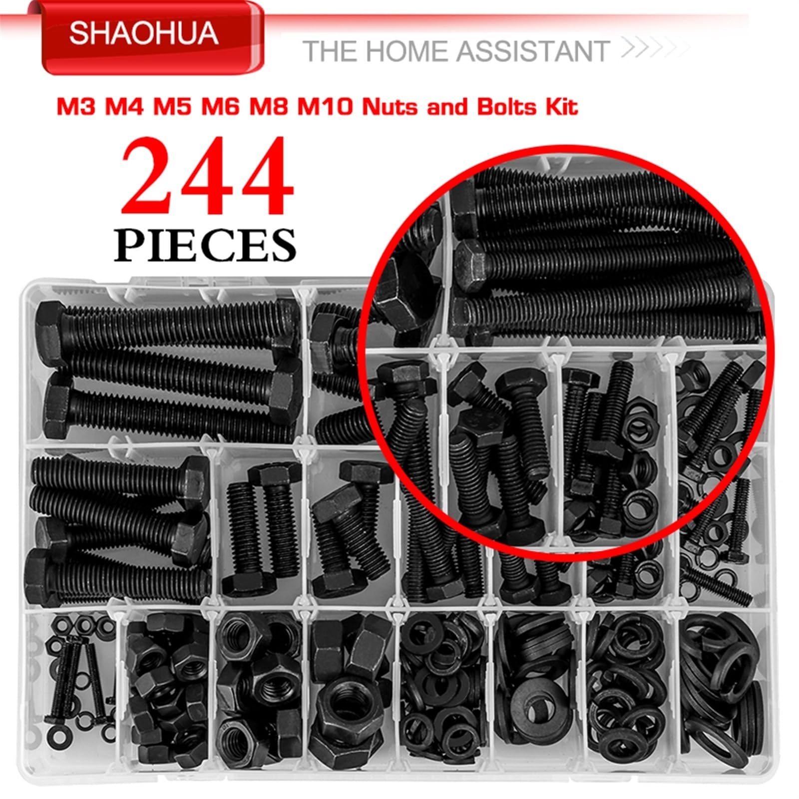 244 Uds M3 M4 M5 M6 M8 M10 Kit surtido de pernos y tuercas negros tornillos de cabeza hexagonal plana métrica de acero al carbono pernos arandelas de junta de bloqueo
