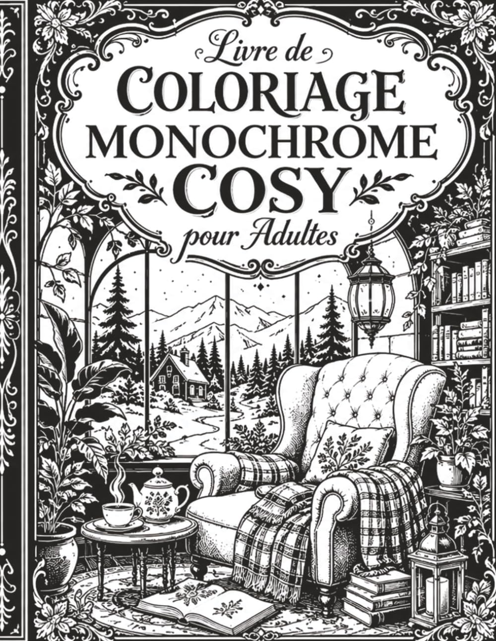 Livre de Coloriage Monochrome Cosy pour Adultes: Un cahier de coloriage adulte avec scènes cosy, nature calme, décorations chaleureuses et pages relaxantes en noir et blanc