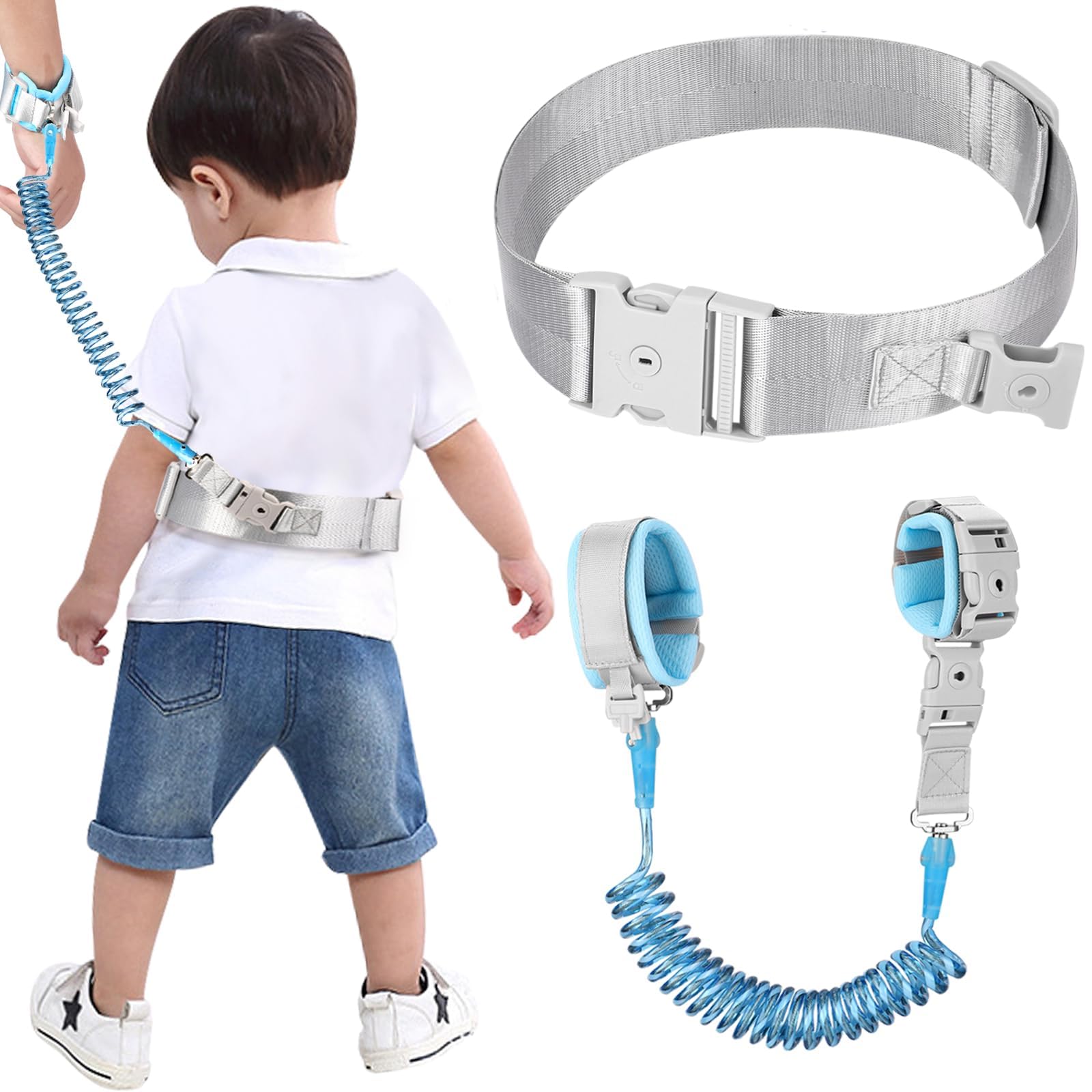 Adjustable Toddler Safety Harness with Reflective Wrist Strap & Lock - Walking Belt for Kids 1-4 Years, Blue