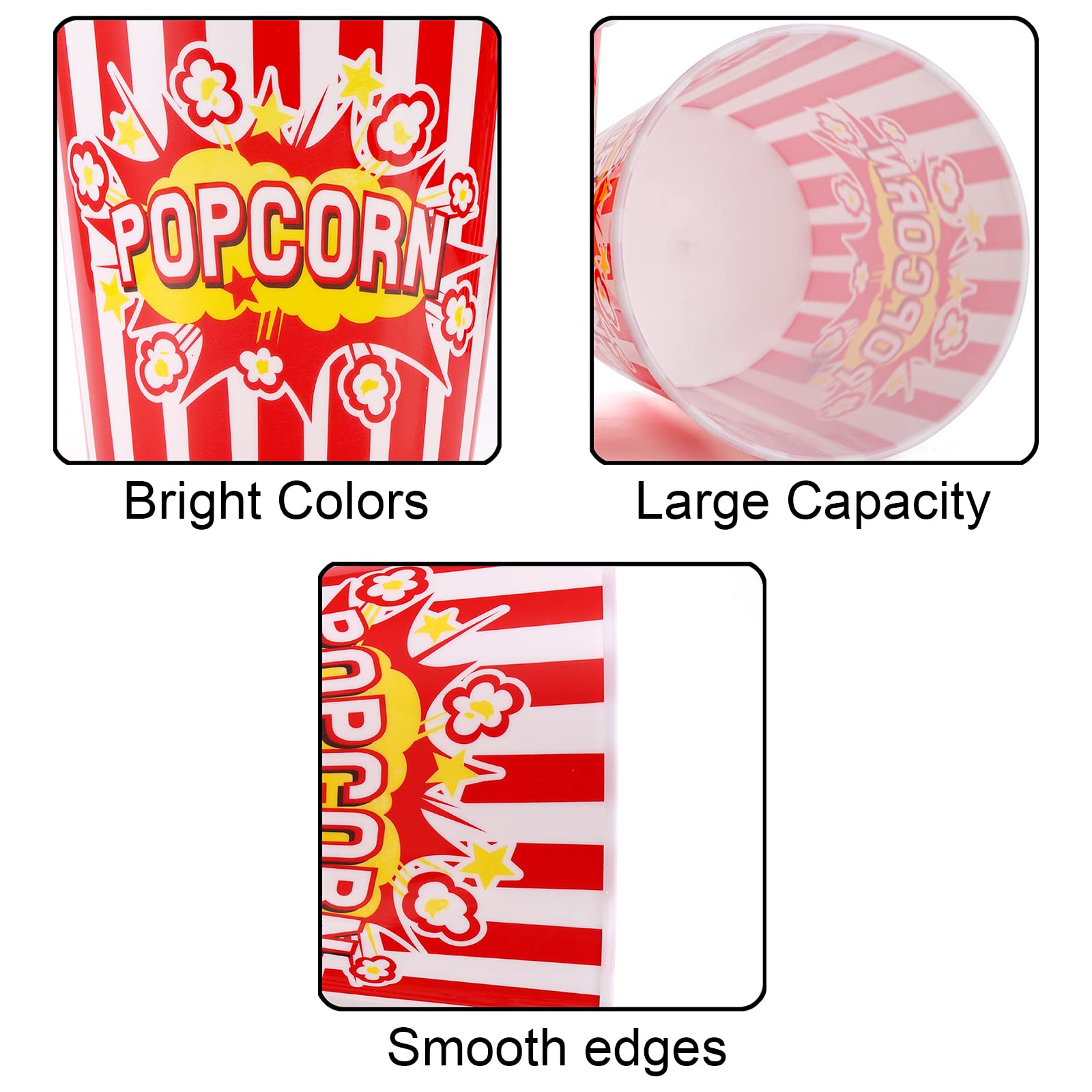 YOUEON 12 Stück große Popcorn-Schalen aus Kunststoff, 2,8 l, wiederverwendbare Popcorn-Behälter in rot und weiß gestreiftem Retro-Stil, Popcorn-Eimer für Filmabend, Theater, Party-Thema