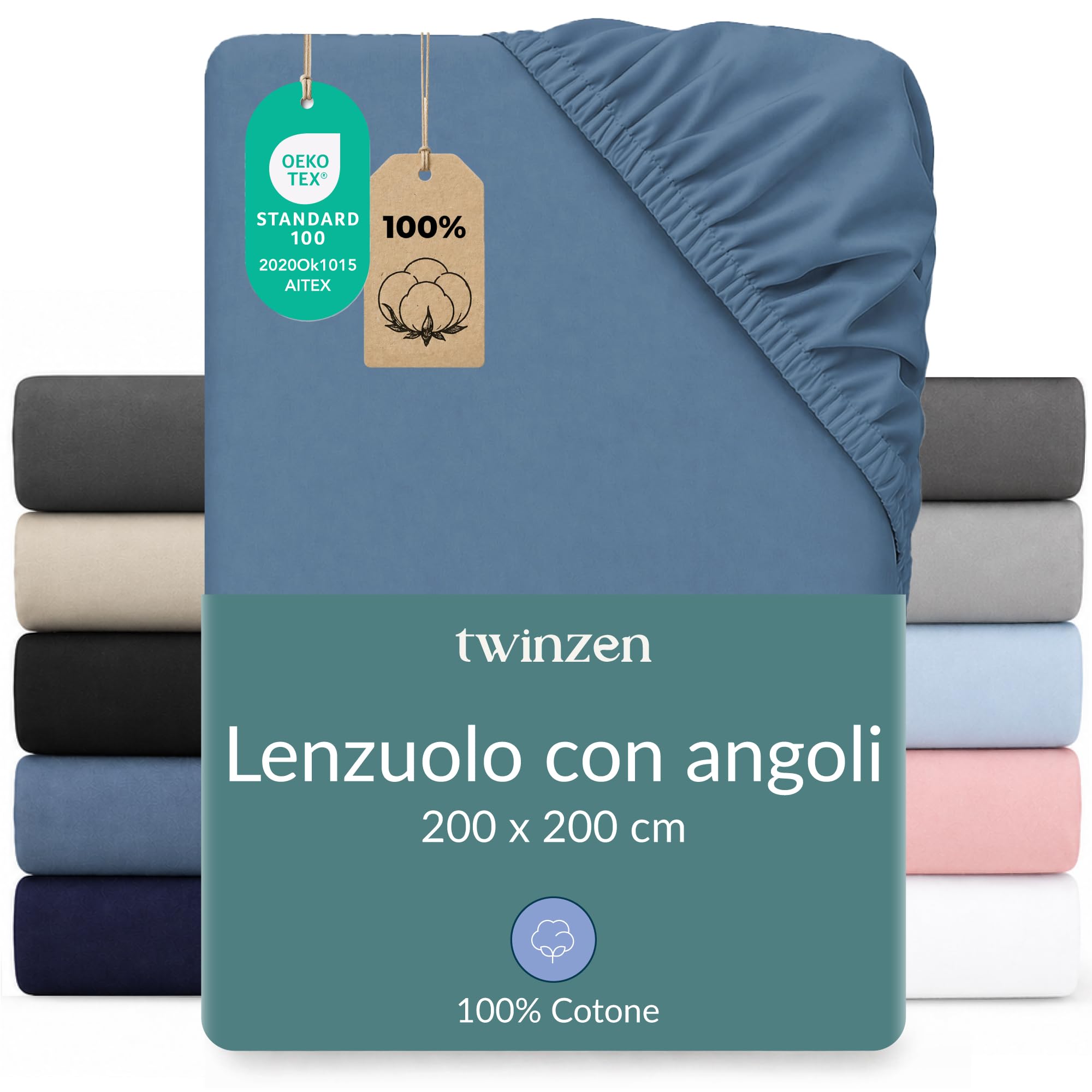 Twinzen Lenzuola Matrimoniali Cotone 200 x 200 cm - 100% Cotone Jersey, Blu - Oeko Tex Certificato - Lenzuolo con Angoli Matrimoniale 200 x 200