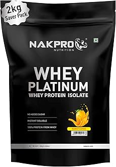 NAKPRO Platinum Whey Protein Isolate 2kg Mango | 28g Protein, 6.4g BCAA | Trustified Certified 100% Authentic Supplement Powder & No Adulteration | Low Carbs, Fast Absorbing Whey Protein Powder