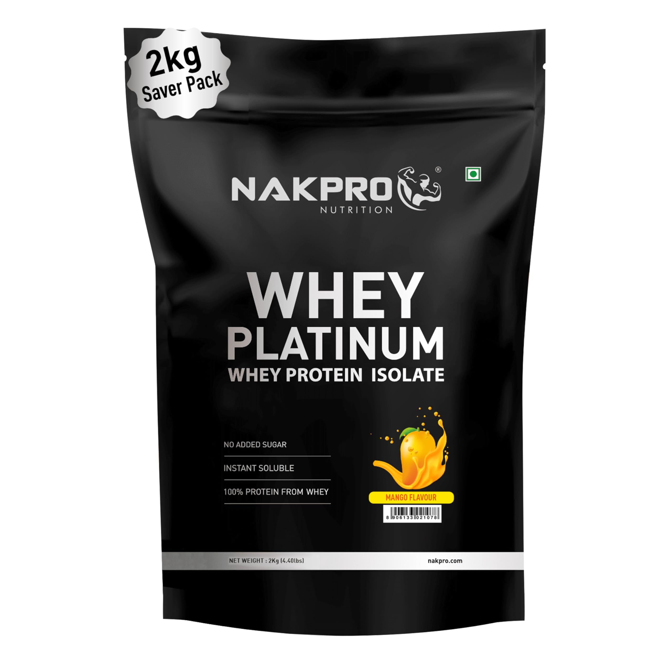 NAKPRO Platinum Whey Protein Isolate 2kg Mango | 28g Protein, 6.4g BCAA | Trustified Certified 100% Authentic Supplement Powder & No Adulteration | Low Carbs, Fast Absorbing Whey Protein Powder