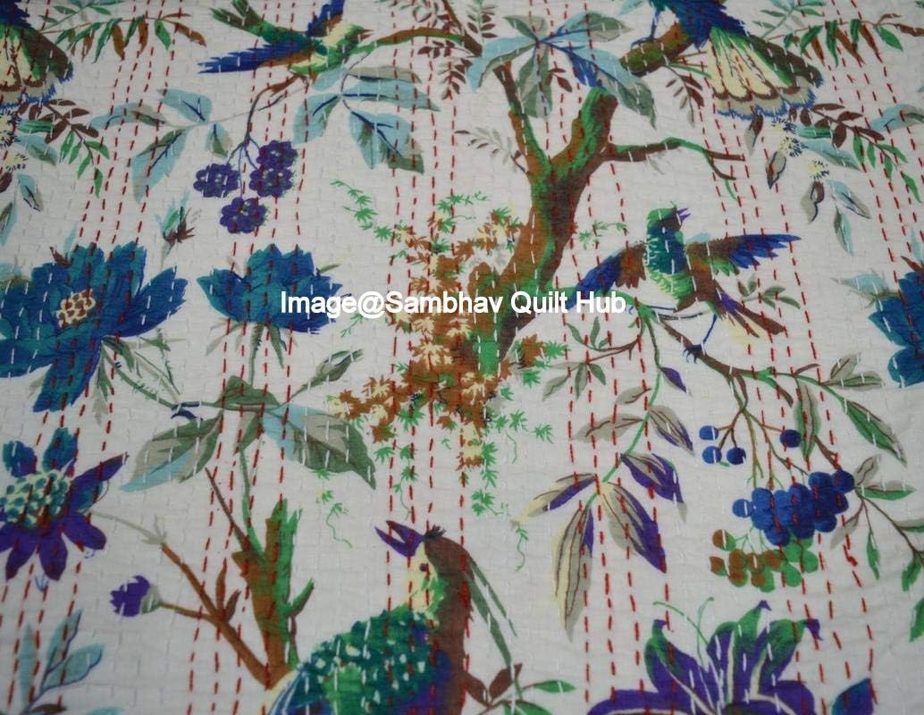 Queen/Twin/King Kantha White Bird Home Decor Bed Bohemian Bird Queen Bedspread Handcrafted Handmade Quilt Kantha Bird Print Cover Unique Blanket Bedding Quilt (90X108 inch)