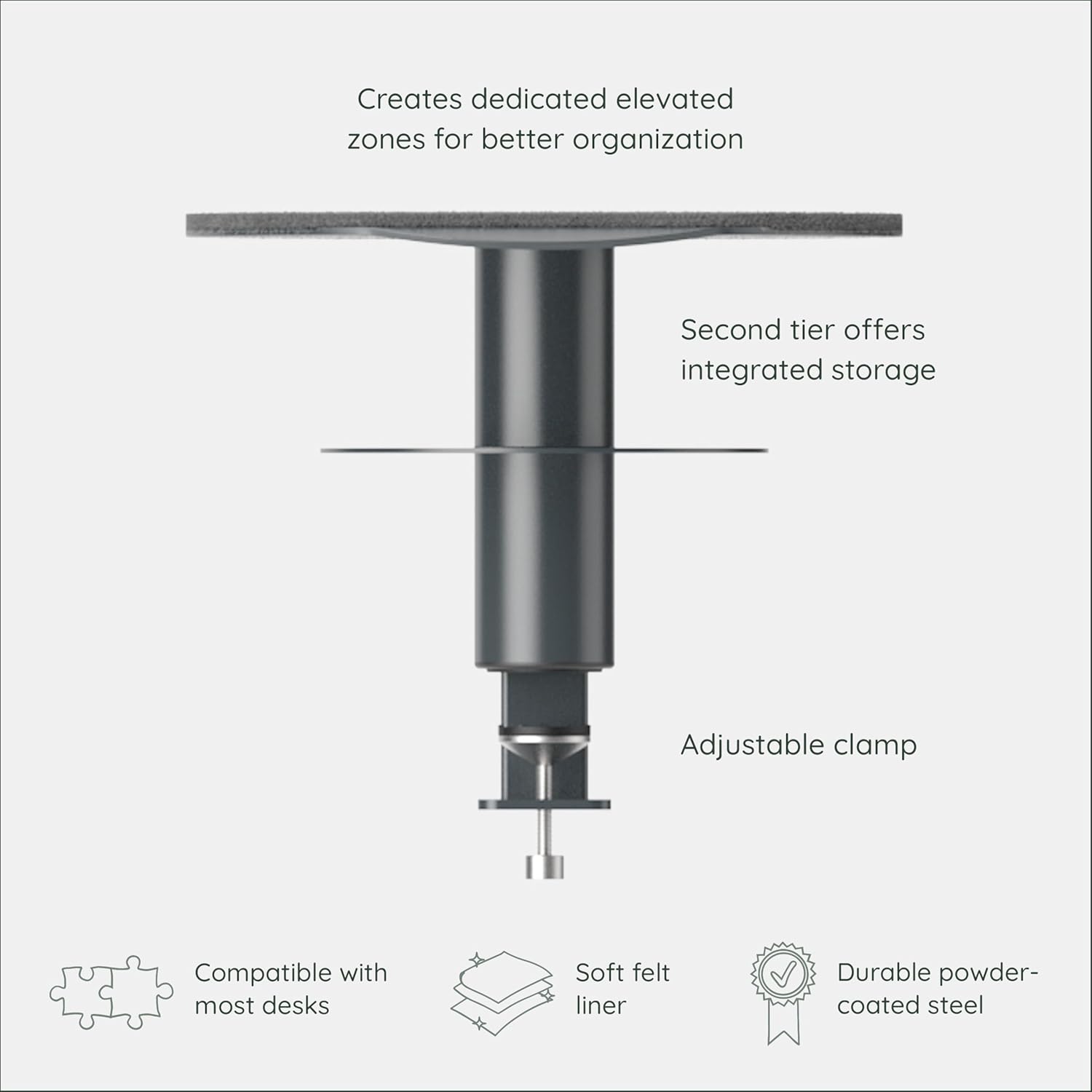 Branch Desk Perch - Elevated Desk Clamp Shelf for Monitors, Laptops, and Accessories - Powder-Coated Steel with Felt-Lined Platform - Two Tier Organizer - Charcoal