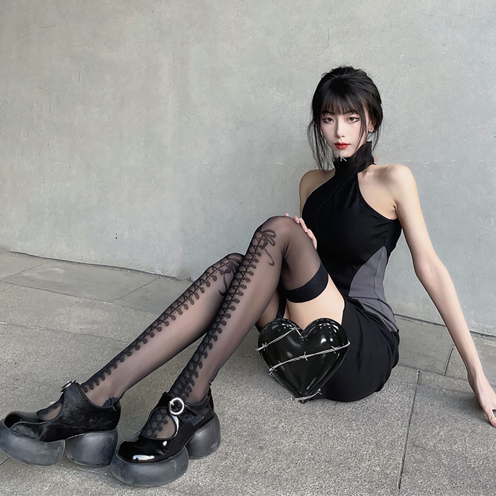 Paia di Calze da Donna, Collant a Rete in Pizzo Sexy con Lacci, Calze al Ginocchio Ultra Sottili Calze Alte Nere e Bianche Taglia Unica (Nero Taglia Unica)