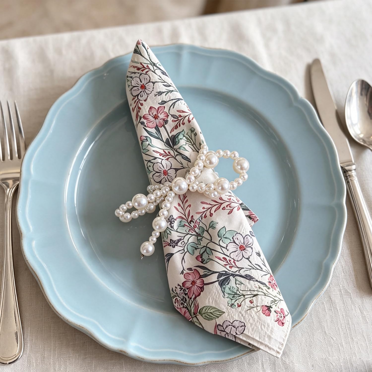 6Pcs Elastic White Pearl Bow Napkin Rings for Napkin