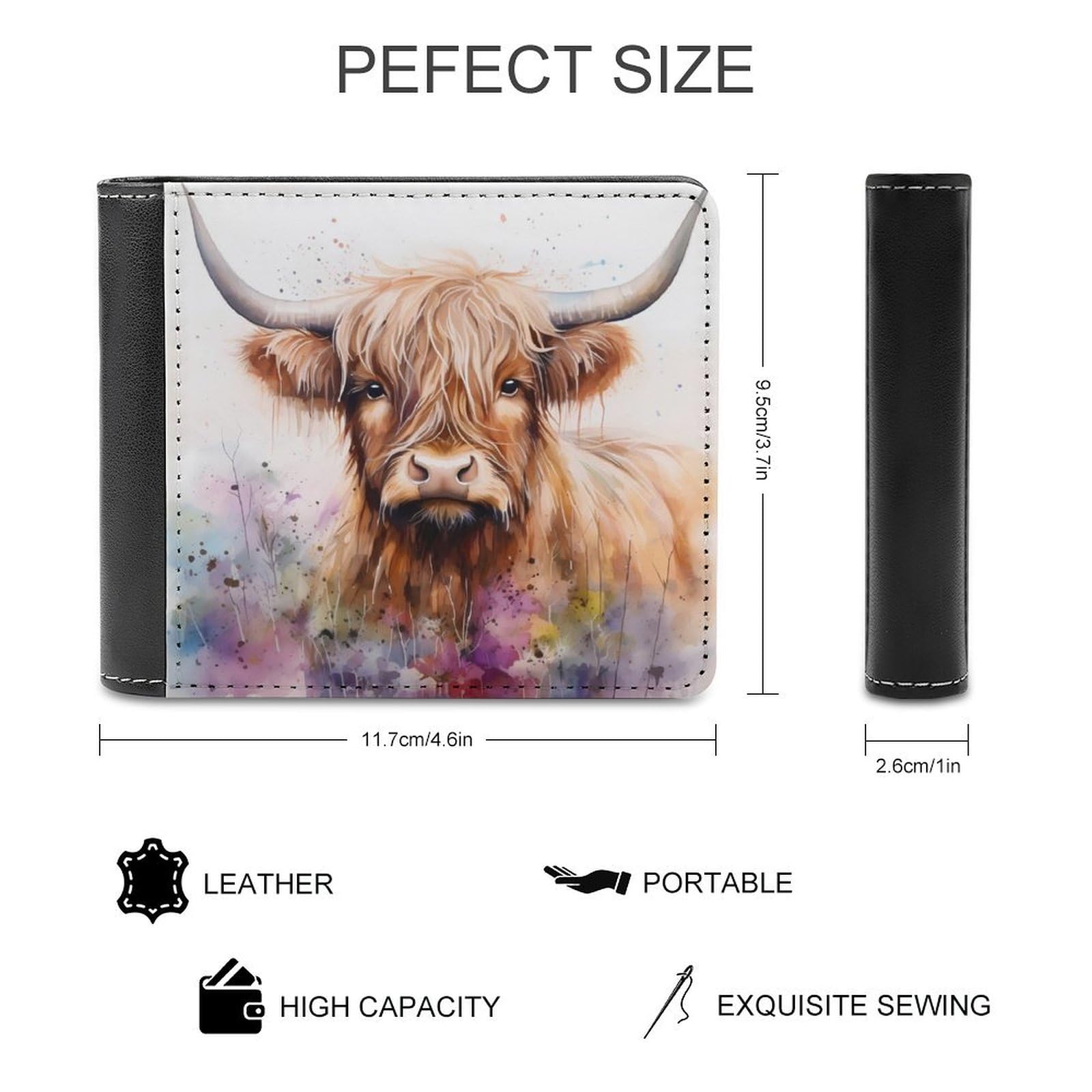 Highland Cow Watercolour Funny Billfold Wallet Credit Card Holder Slim Passcase Pouch Purse for Men Women