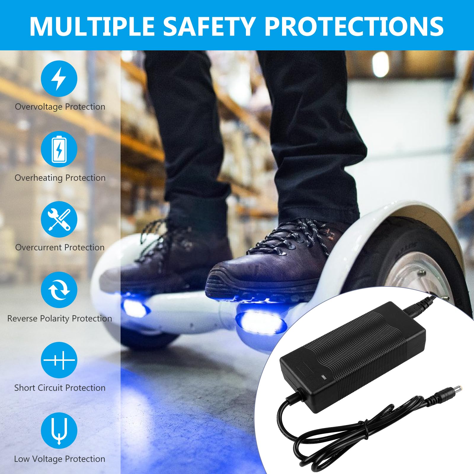 Caricatore Monopattino Elettrico: 42V 2A Caricabatteria per Scooter Elettrico con 6 Connettori, 36V Caricatore Monopattino Elettrico per Hoverboard, Xiaomi Scooter, Bici Equilibrata, Drifting Board