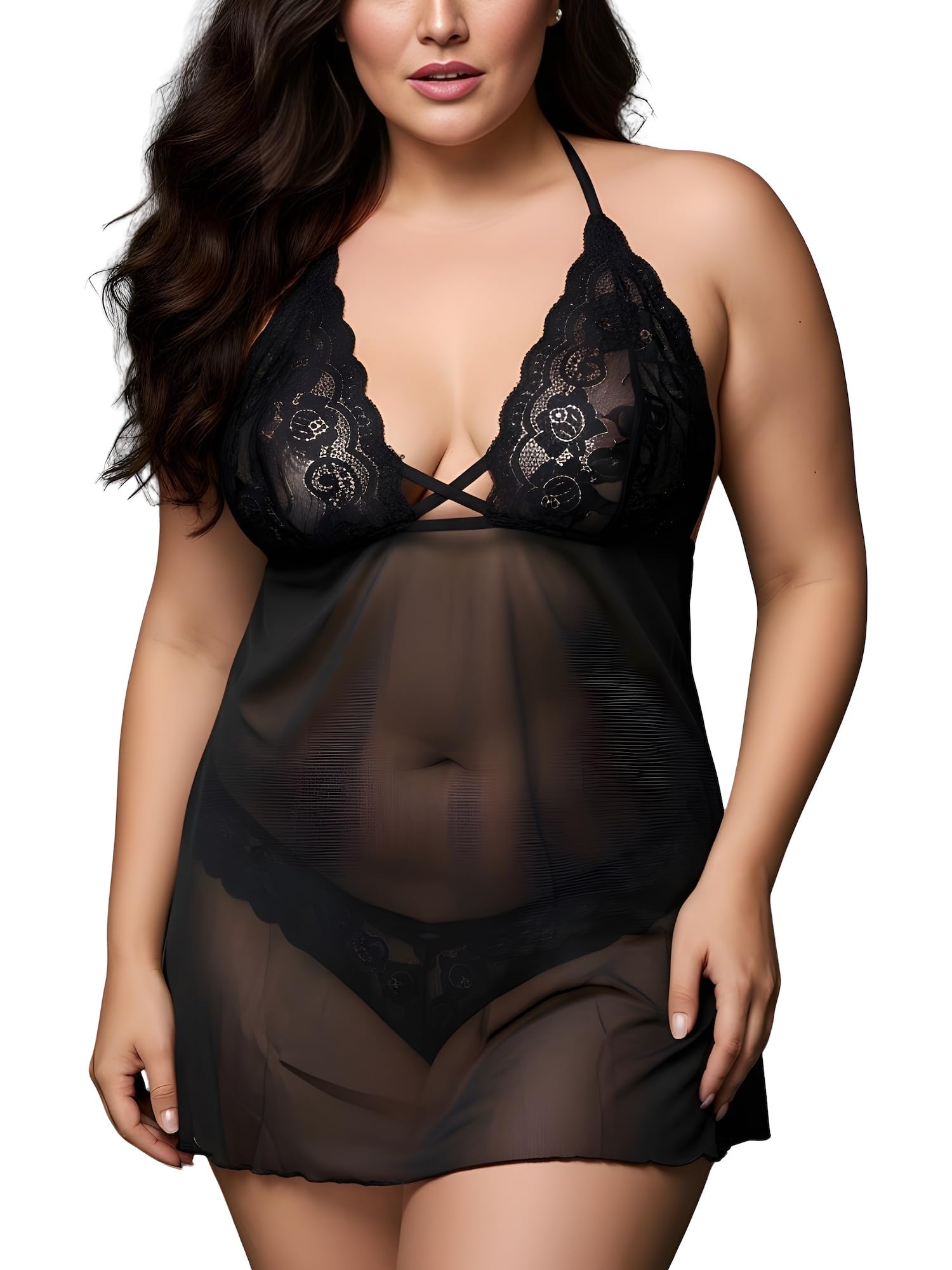 xs and os Women's Polyester Spandex Mix & Lace Solid Midi Babydoll Lingerie with Panty-picture-10
