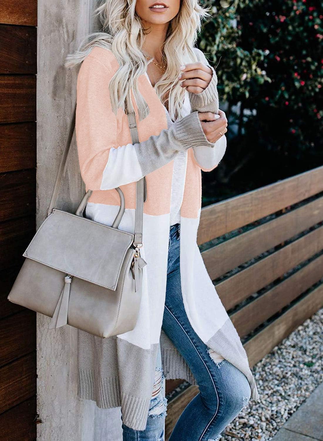 CARDYDONY Women's Long Cardigan Open Front Color Block Cardigan Knit Sweaters - Image 4