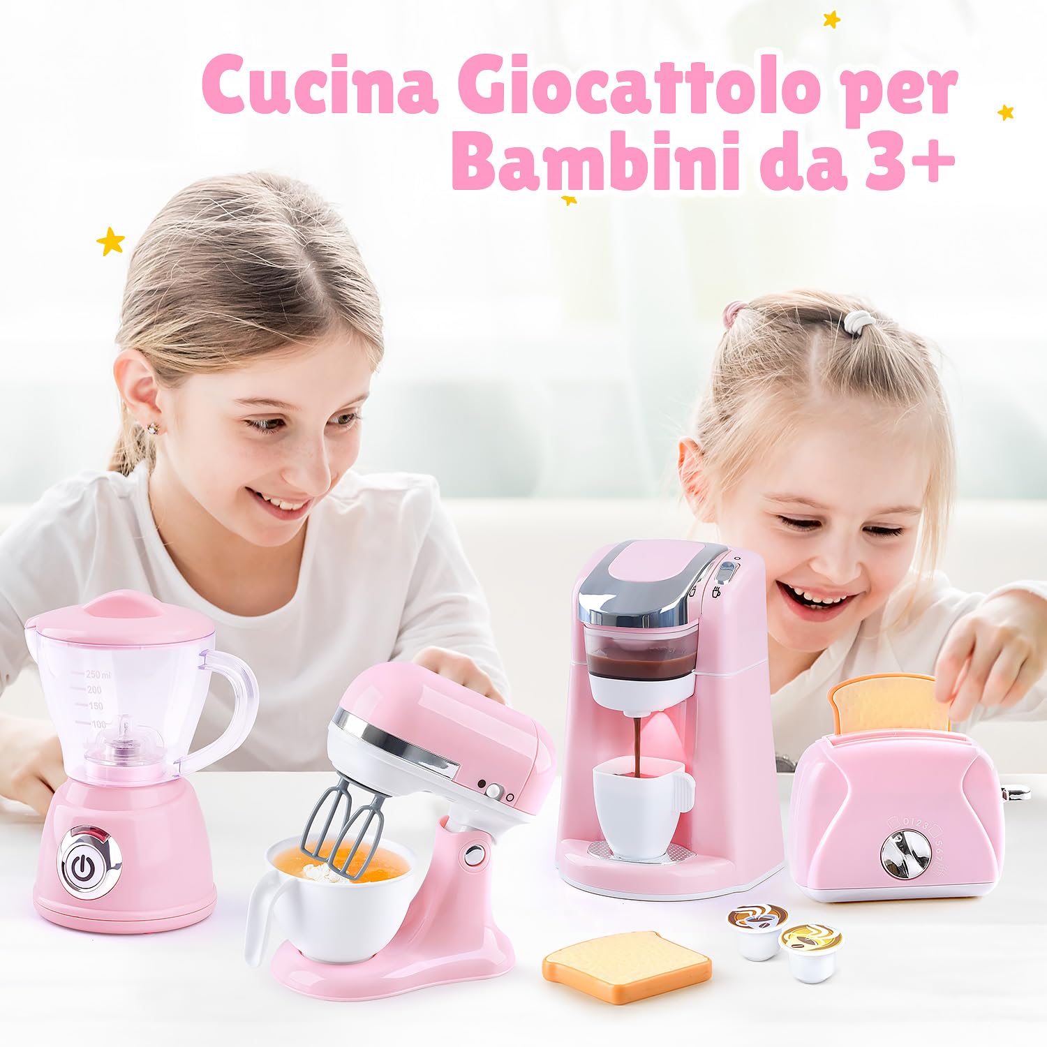 PLAY Accessori Cucina Bambini, Set di Accessori Cucina Giocattolo con Macchina Caffè Giocattolo, Mixer, Frullatore e Tostapane con Luci e Suoni, Kit Elettrodomestici Cucina per Bambini da 3+ (Rosa)
