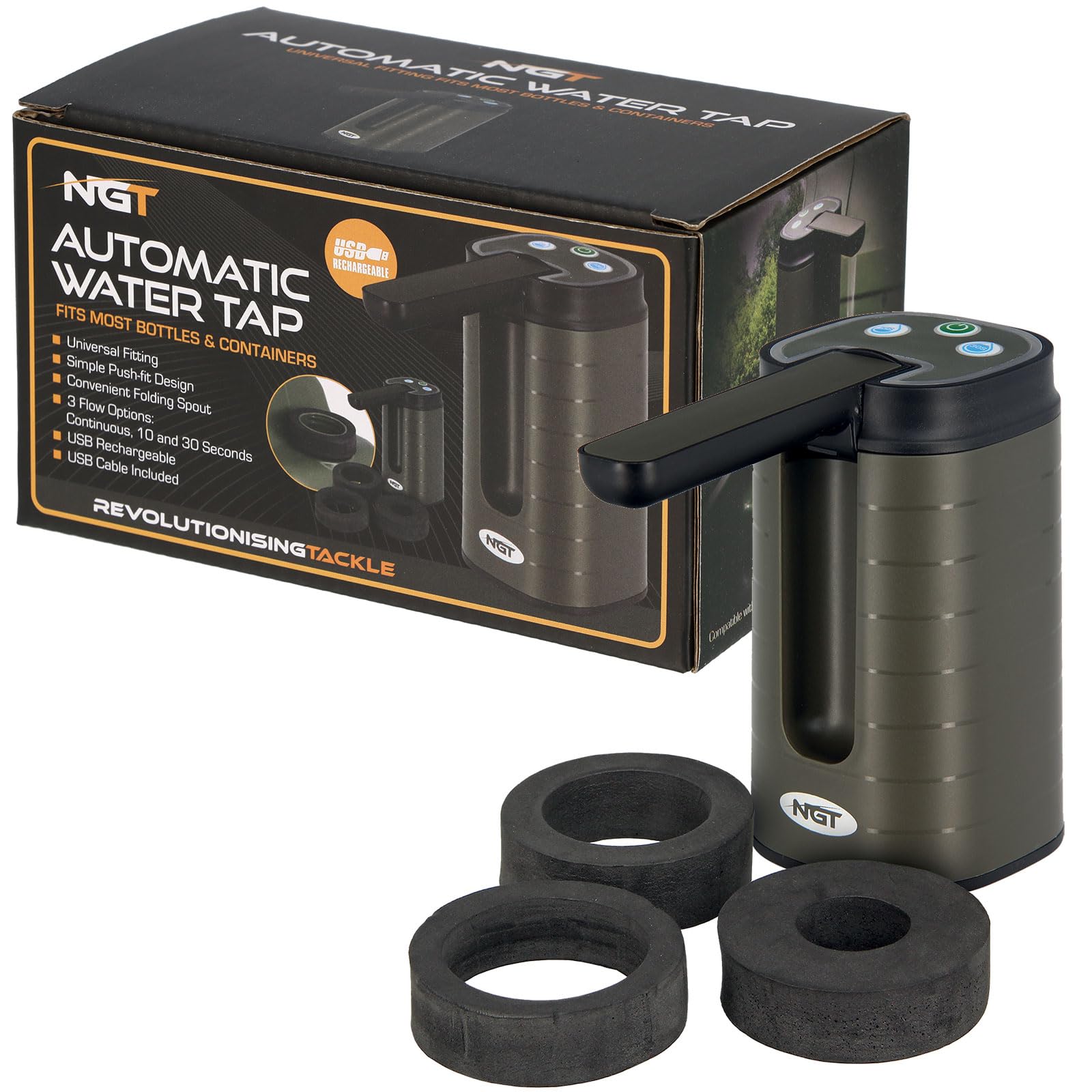 NGT Auto Water Tap USB Rechargeable Portable Camping & Fishing Water Dispenser with Folding Nozzle, Timer Buttons, Hands-Free Tap for Water Carriers & Bivvy Sink