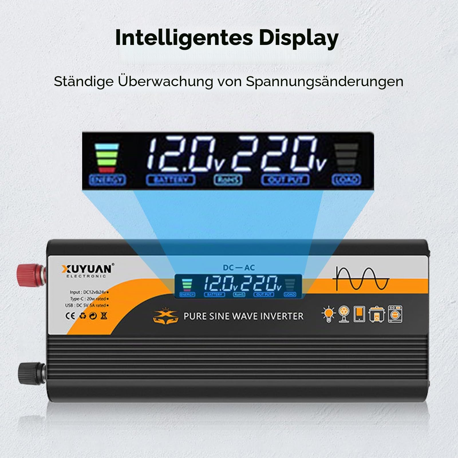 800W Wechselrichter 12v&24v auf 220V Reiner Sinus Wechselrichter, Spannungswandler mit 1 EU-Steckdose & 1 USB Port Stromwandler, LCD-Bildschirmanzeige, 5V/3A USB-Anschluss für LKW,Zuhause
