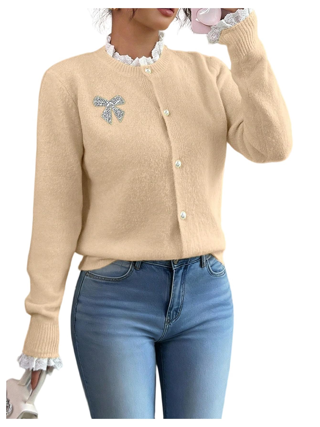 OYOANGLE Womens Button Down Cardigan Sweater Sequin Bow Lace Trim Long Sleeve Sweaters