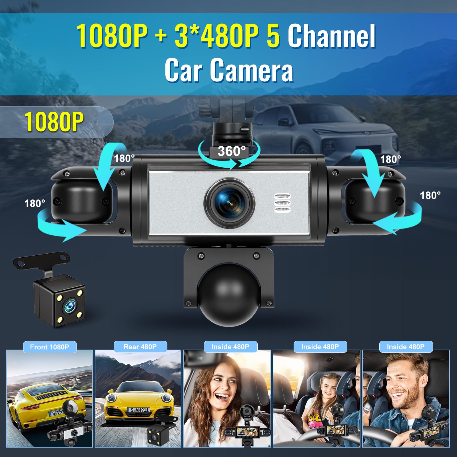 Dash Cam Auto 5 Canali 1080P Fronte Retro e Interno, Schermo IPS da 3,16" | Telecamera da Cruscotto Auto 360 Gradi, Monitoraggio Parcheggio 24 Ore, G-Sensor, Registrazione in Loop, Facile Installazione