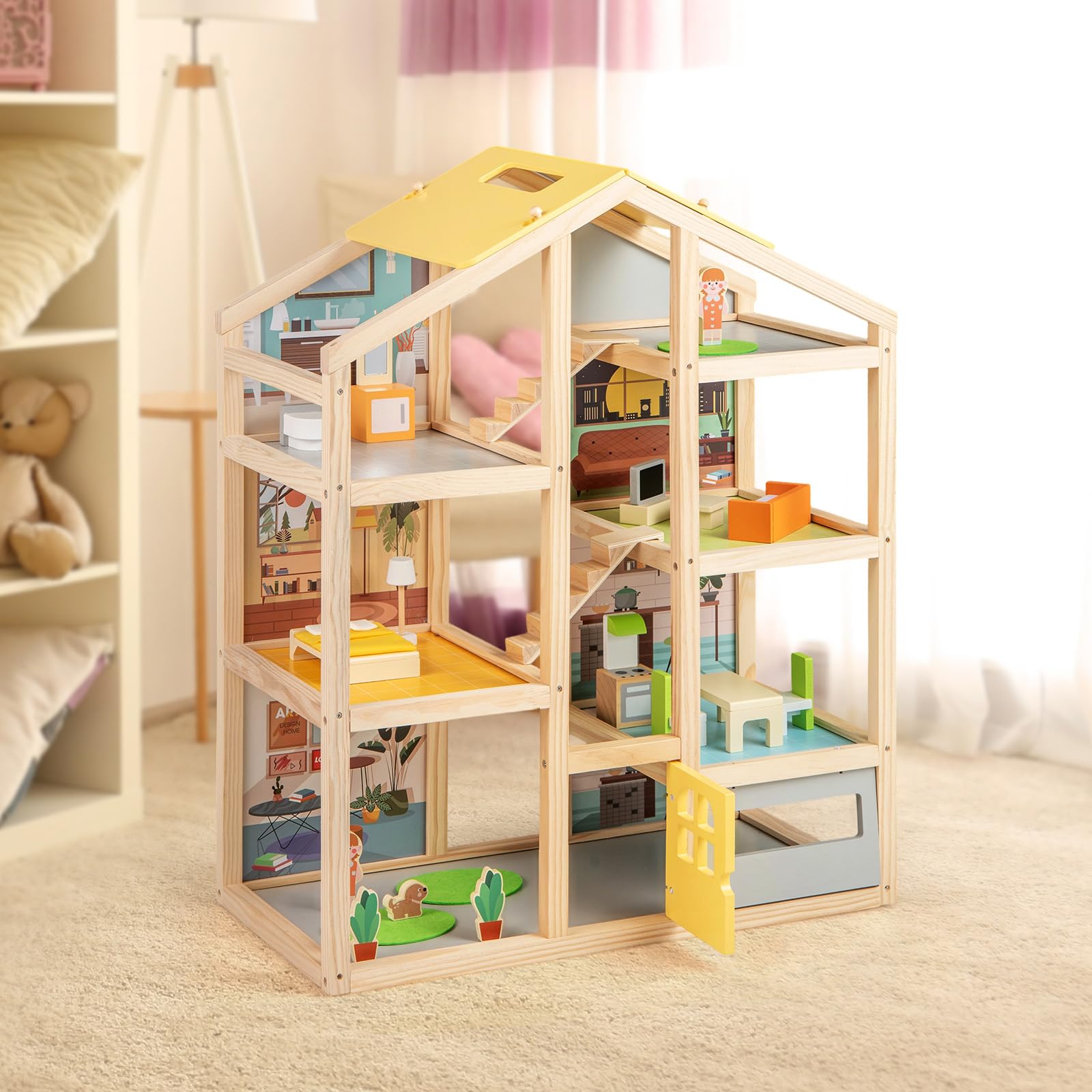 DREAMADE Puppenhaus aus Holz, Traumhaus mit 2 Figuren & 18 Möbelzubehörteilen, Dollhouse mit robuster Struktur & 7 Zimmern, Puppenvilla für Jungen & Mädchen ab 3 Jahren