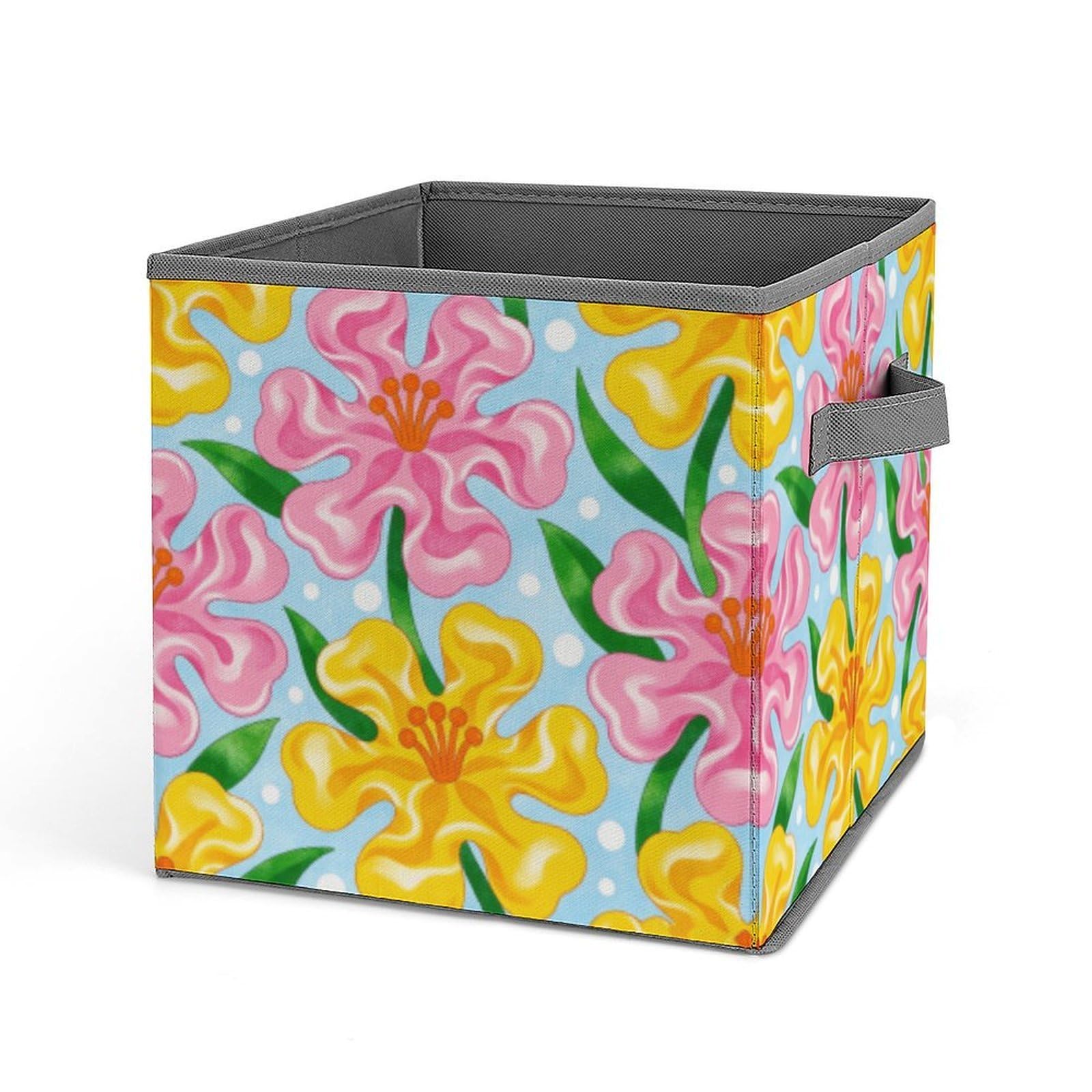 Pink And Yellow Flowers Are in Full Bloom Storage Baskets Collapsible, Exquisite Pattern Cube Box, Canvas Fabric Storage Bins with Handles, Clothe Organizer Box for Home Decorative Office Bedroom