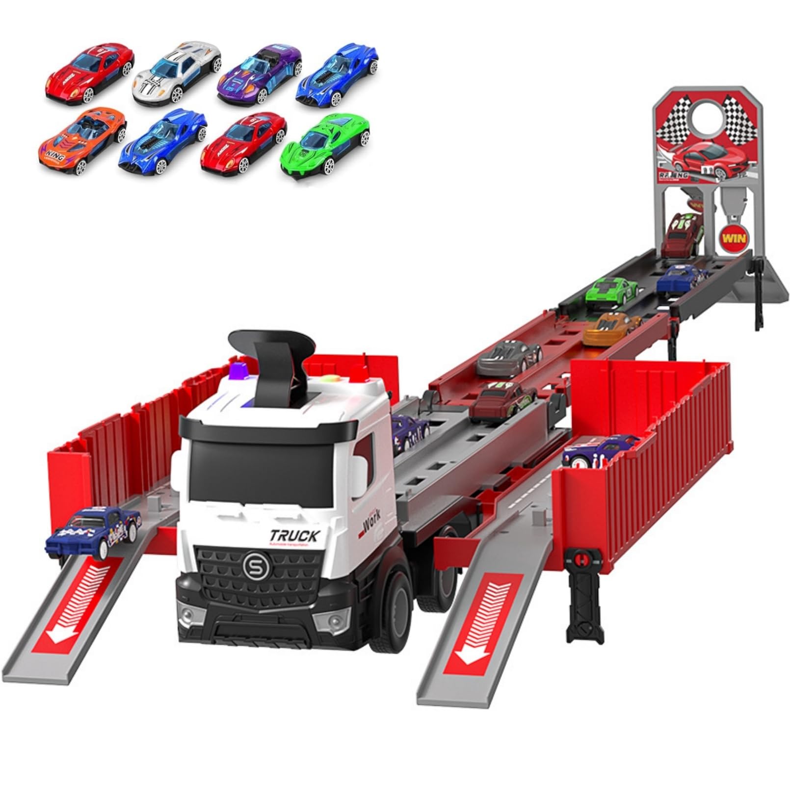 AM ANNACarrier Truck Race Track Toddlers Toys, Foldable 3 Layer Car Race Track Playset, Toy Truck Transport Race Track and 8 Die-Cast Metal Toy Cars, Racing Car with Sound Toddler Toys Gifts(Red)
