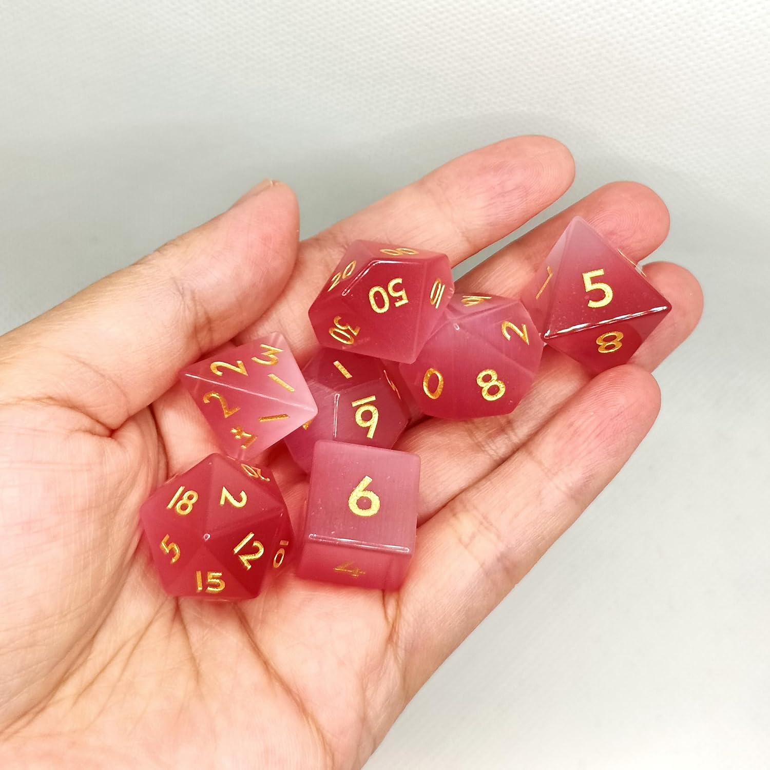 Pure Natural Gemstone Crystal Dice, Made of High-Tech Natural Stone. A Tandard Set of 7PCS Dice is Used for The DND D&D RPG MTG Tabletop Game (Pink Cat's Eye)