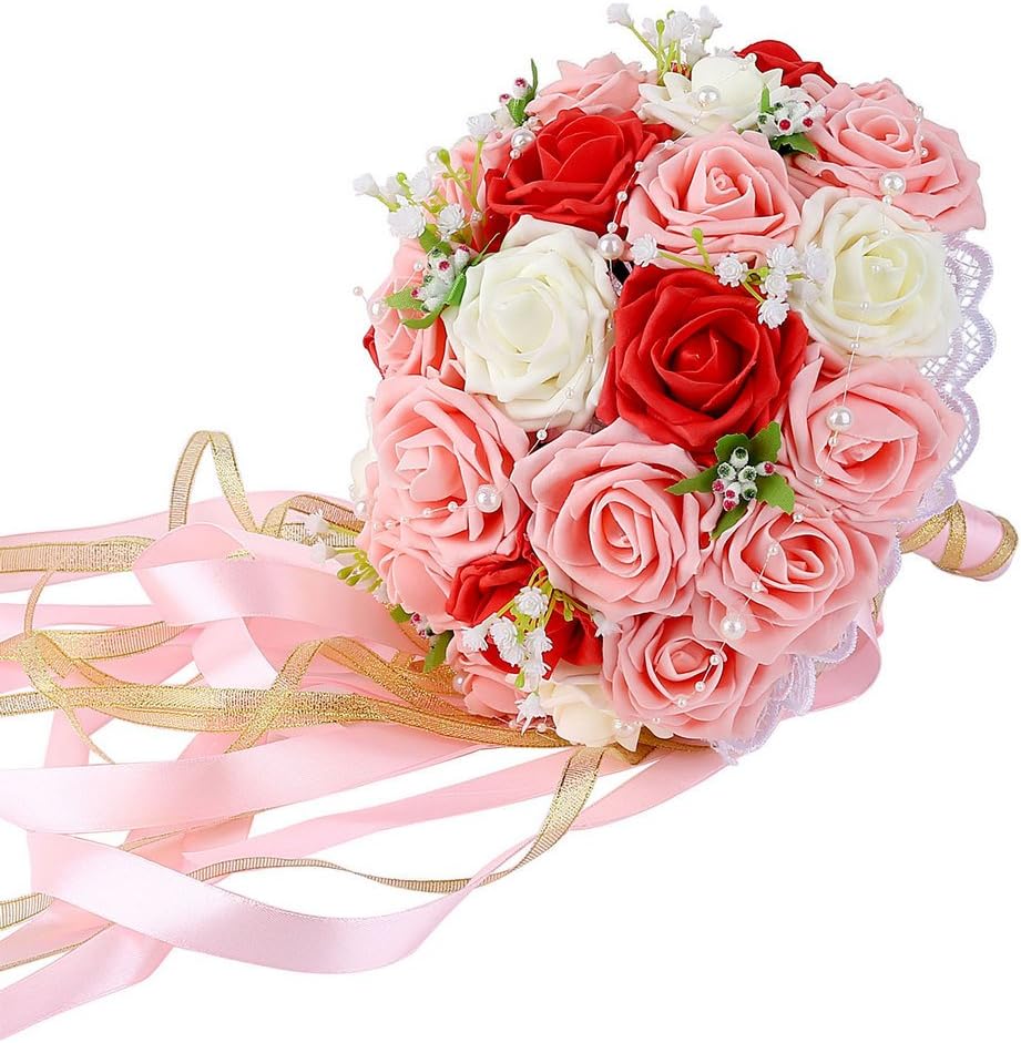 Febou Wedding Bridal Bouquet, Wedding Bride Bouquet, Wedding Holding Bouquet with Artificial Roses Lace Pearl Ribbon, Perfect for Wedding, Church, Party and Home Decor(Long Ribbon, White+Red+Pink)