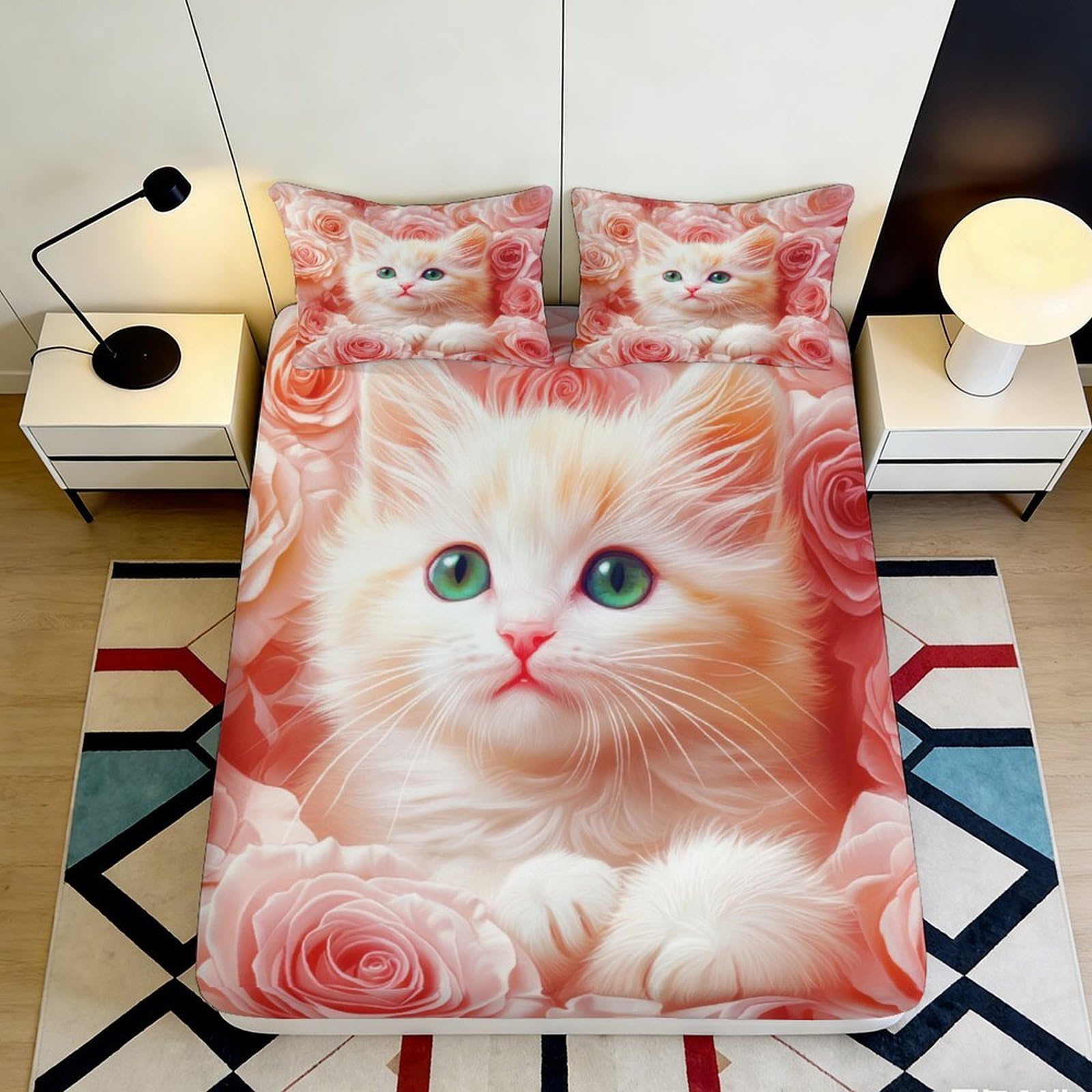 3D Printed Cute Cat Rose Fitted Sheet Microfiber Non-slip Mattress Cover for Bedroom Guest Room Decor 120x200cm 180x200x25cm