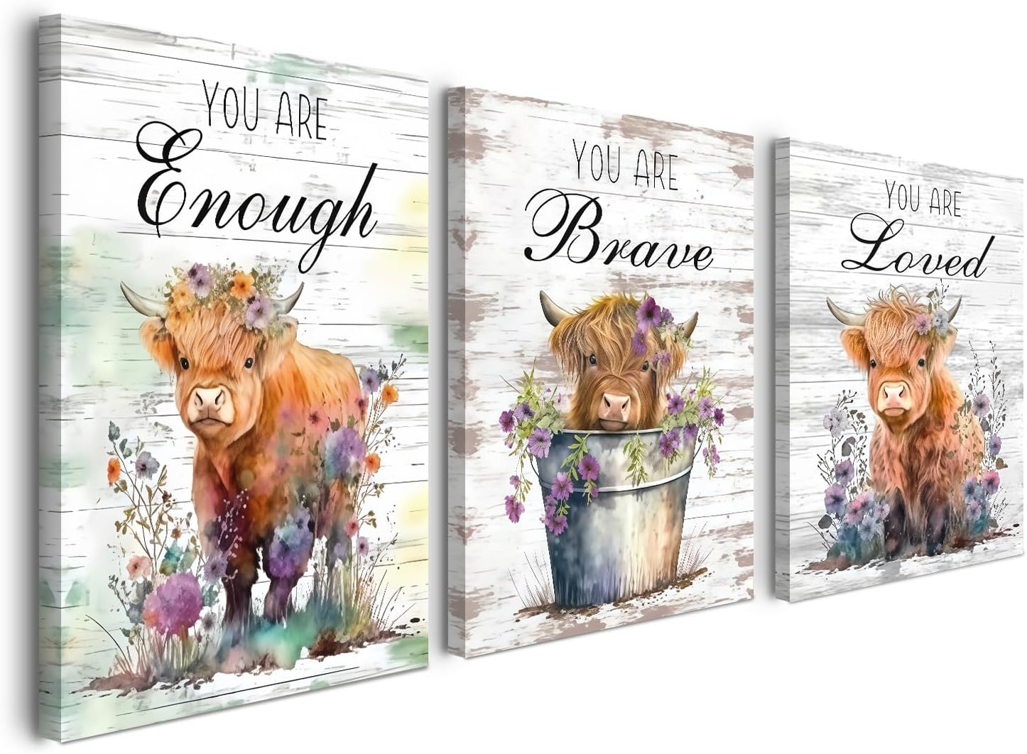 Alptiny Set of 3 Highland Cow Canvas Wall Art - Motivational Quotes with Floral Design, You Are Loved, Brave, Enough Wall Decor for Living Room, Bedroom, and Office