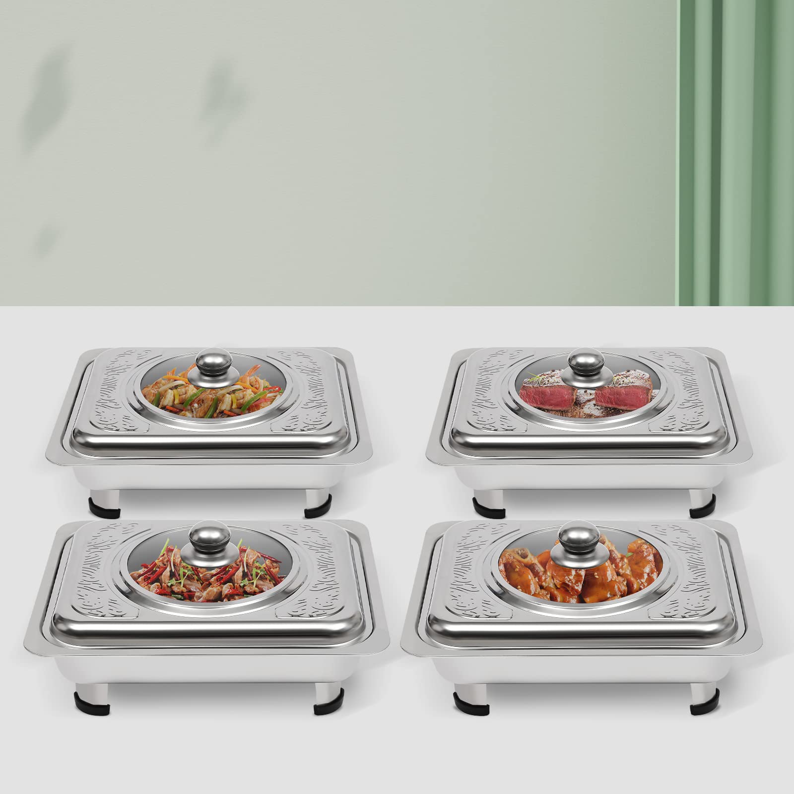 Set di 4 ciotole per buffet in acciaio inox con piedini rimovibili, 33,5 x 27,5 cm, per catering, matrimoni ed eventi (argento)