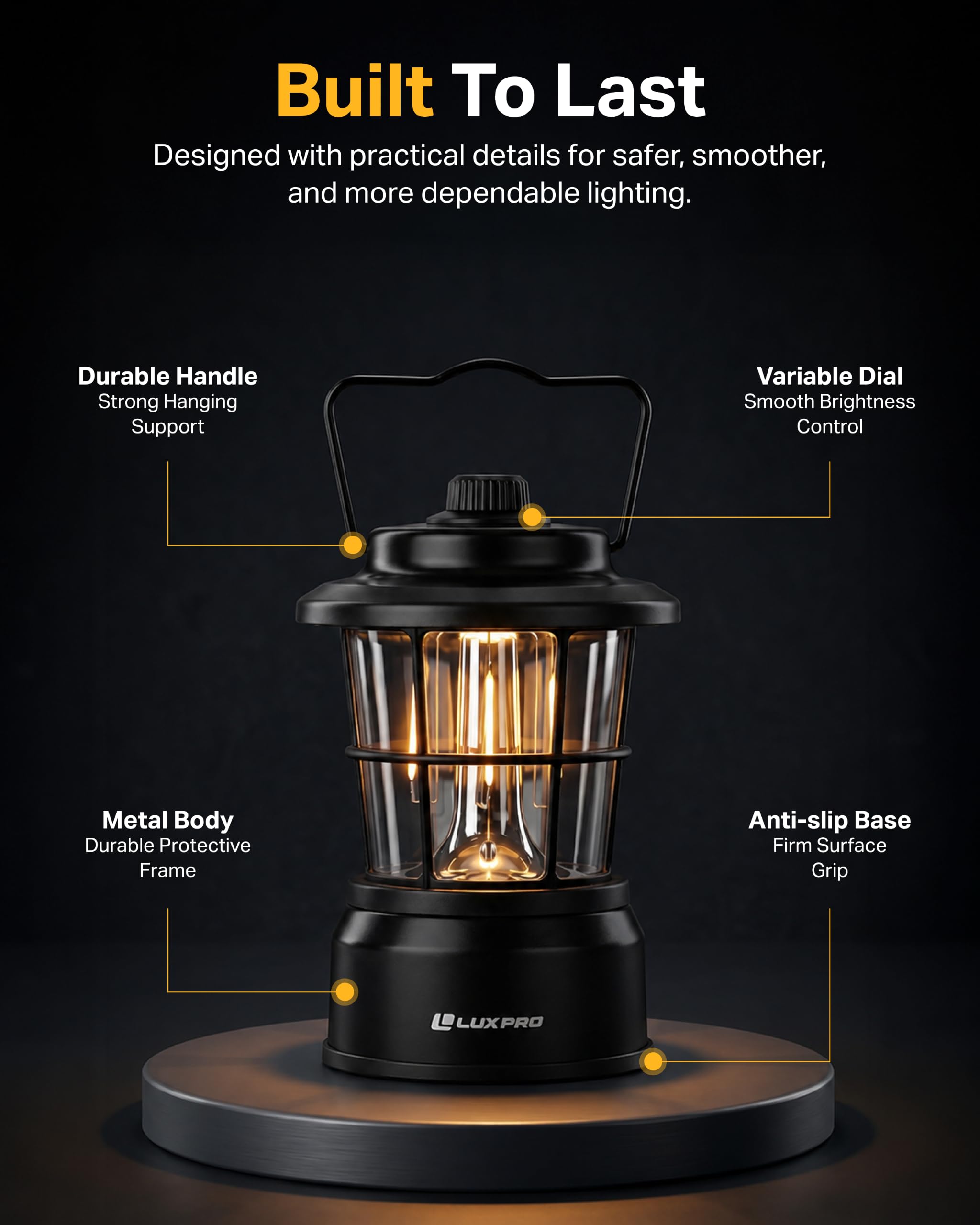 LUXPRO Retro LED Laterne - Batteriebetriebene Notfalllaterne - Wasserabweisend - Helle LED-Lampe für Innen & Außen - Verwendung für Zelte, Wandern oder Hurricane Prep (Schwarz, 2 Stück)