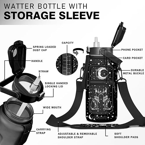 Miniatura 2 de Botella de agua gótica de medio galón de luna negra con funda, sin BPA, 64 onzas, marcador de tiempo motivacional, jarra de agua a prueba de fugas,