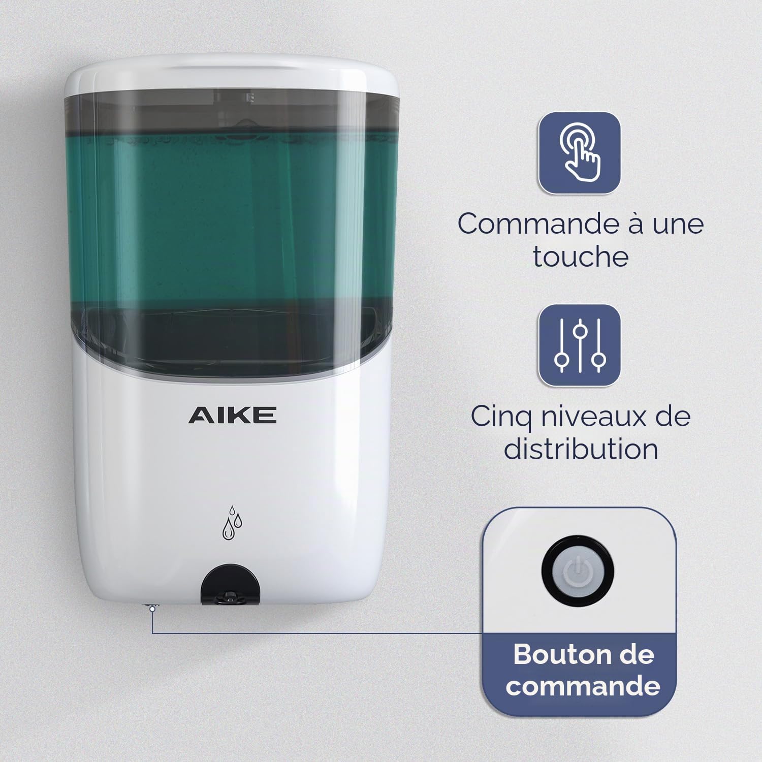 AIKE Distributeur de Savon Automatique Mural, Distributeur de Savon Blanc sans Perçage, Distributeur de Savon Liquide pour Salle de Bain et Cuisine, Modèle AK1216