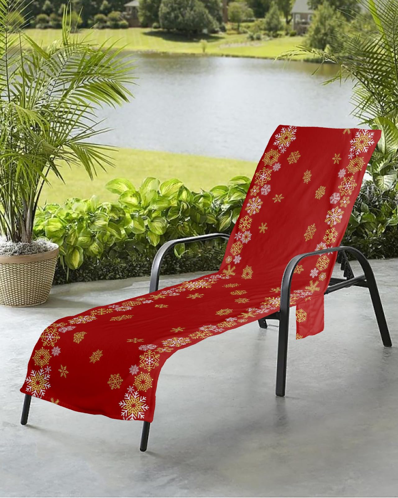 Christmas Snowflake Beach Chair Towel Covers for Chaise Lounge with Side Pocket, Soft Plush Pool Towels Cover for Patio Sunbathing Outdoor 29''x85'' Red Golden Xmas Holiday
