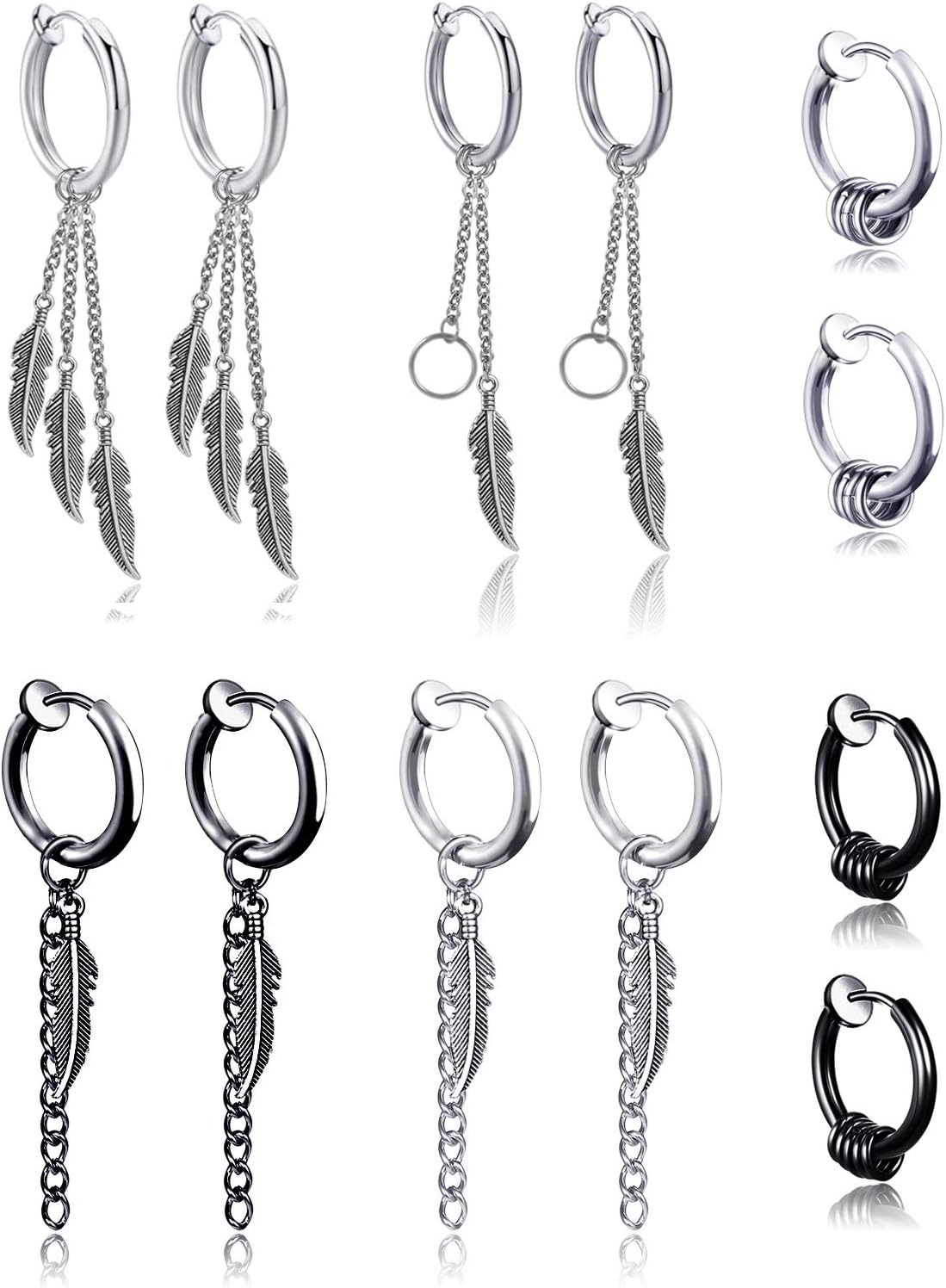 6 Pairs Clip On Earrings for Men Non Piercing Earrings Kpop Feather Dangling Earrings Fake Earrings Stainless Steel Huggie Hoop Drop Dangle Earring Non Pierced Earrings for Men Boys Jewelry Set