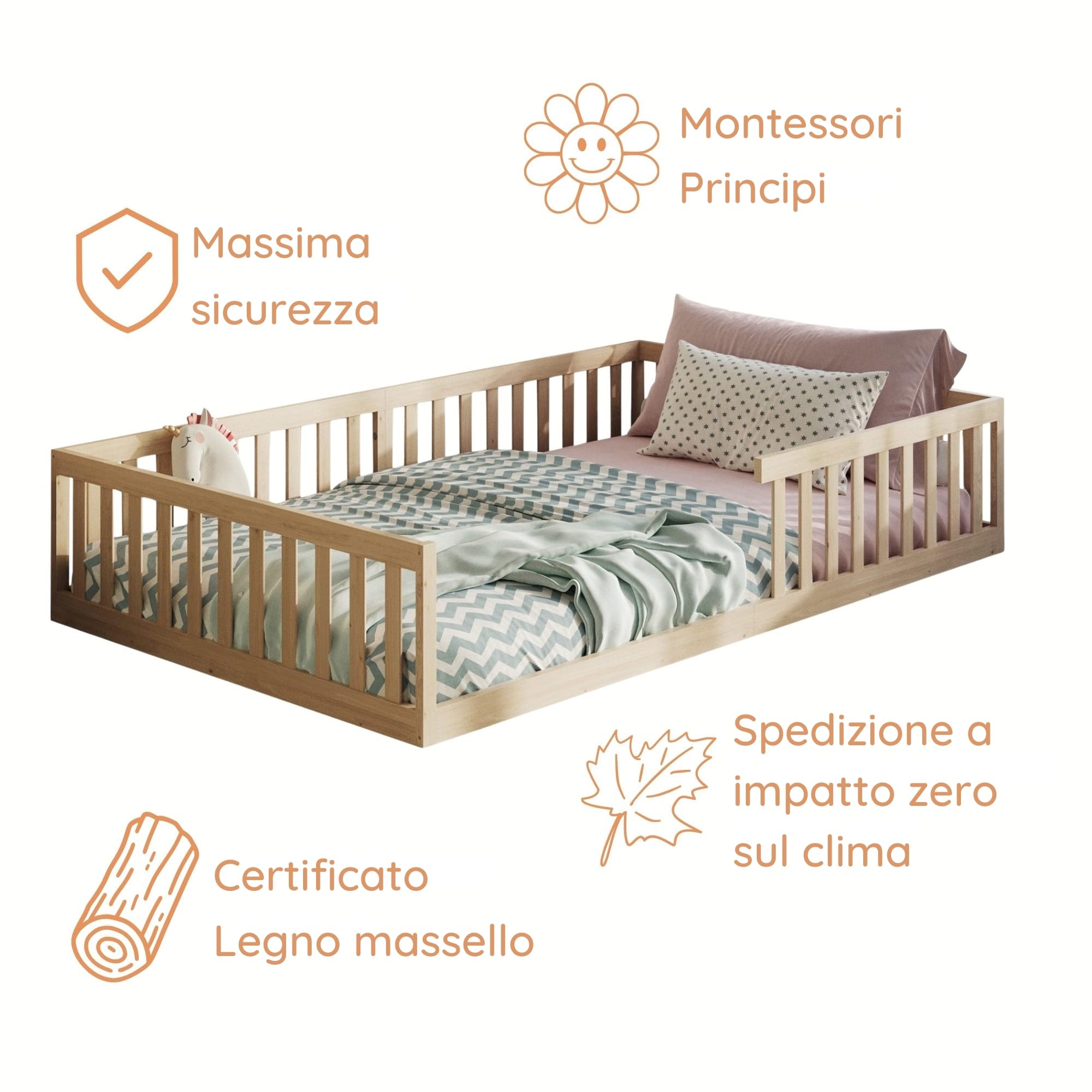 Kids Collective Letto per bambini Letto da terra 140 x 200 cm con protezione anticaduta e rete a doghe Letto Montessori Letto per bambini Naturale Altre misure 90 x 200 cm 140 x 200 cm