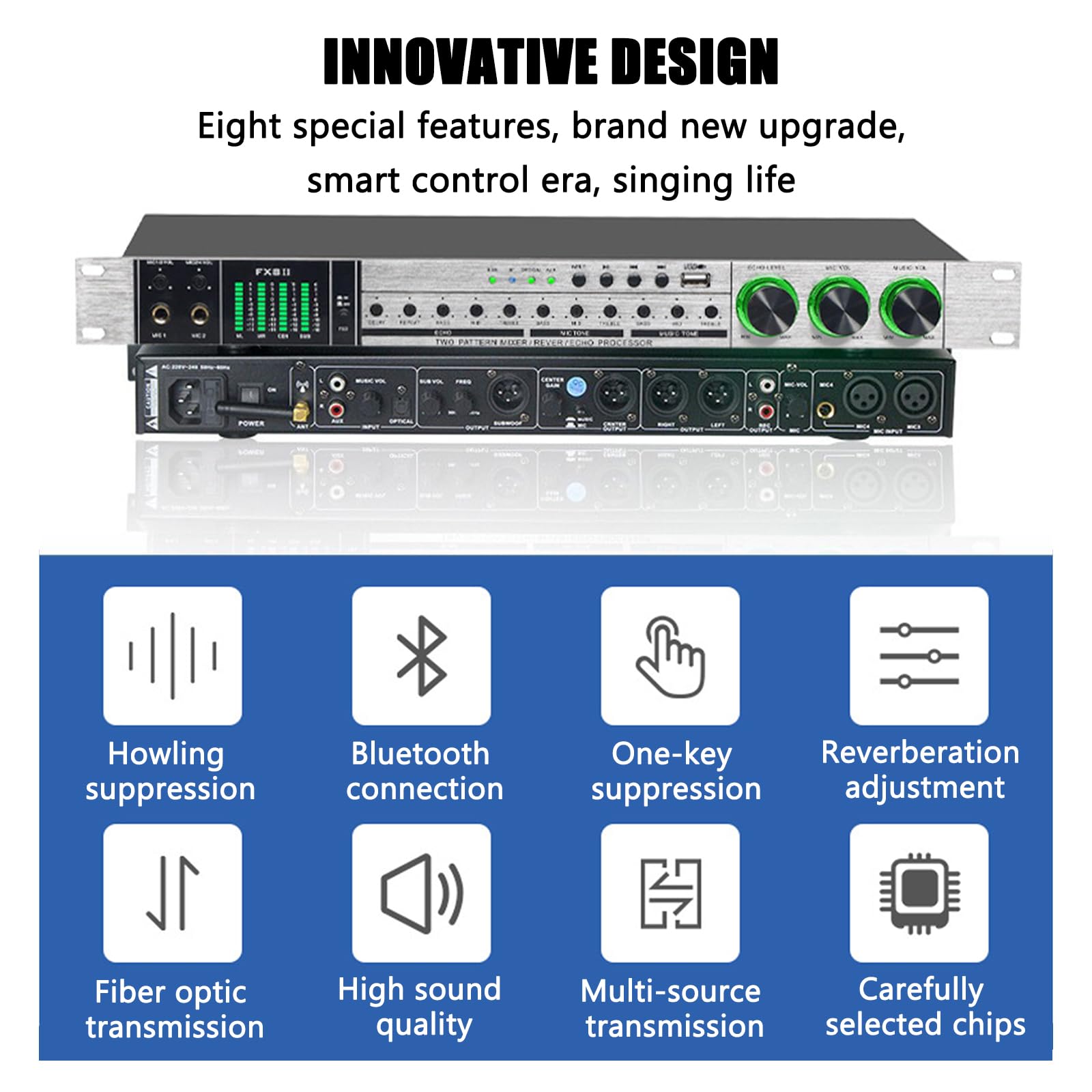 GZPKJ Processeur D'effets Vocaux, Processeur Audio Anti-hurlement Professionnel, Méthodes De Transmission Audio Multiples, Affichage LED, pour Réverbérateur Domestique, Karaoké, Scène, Église