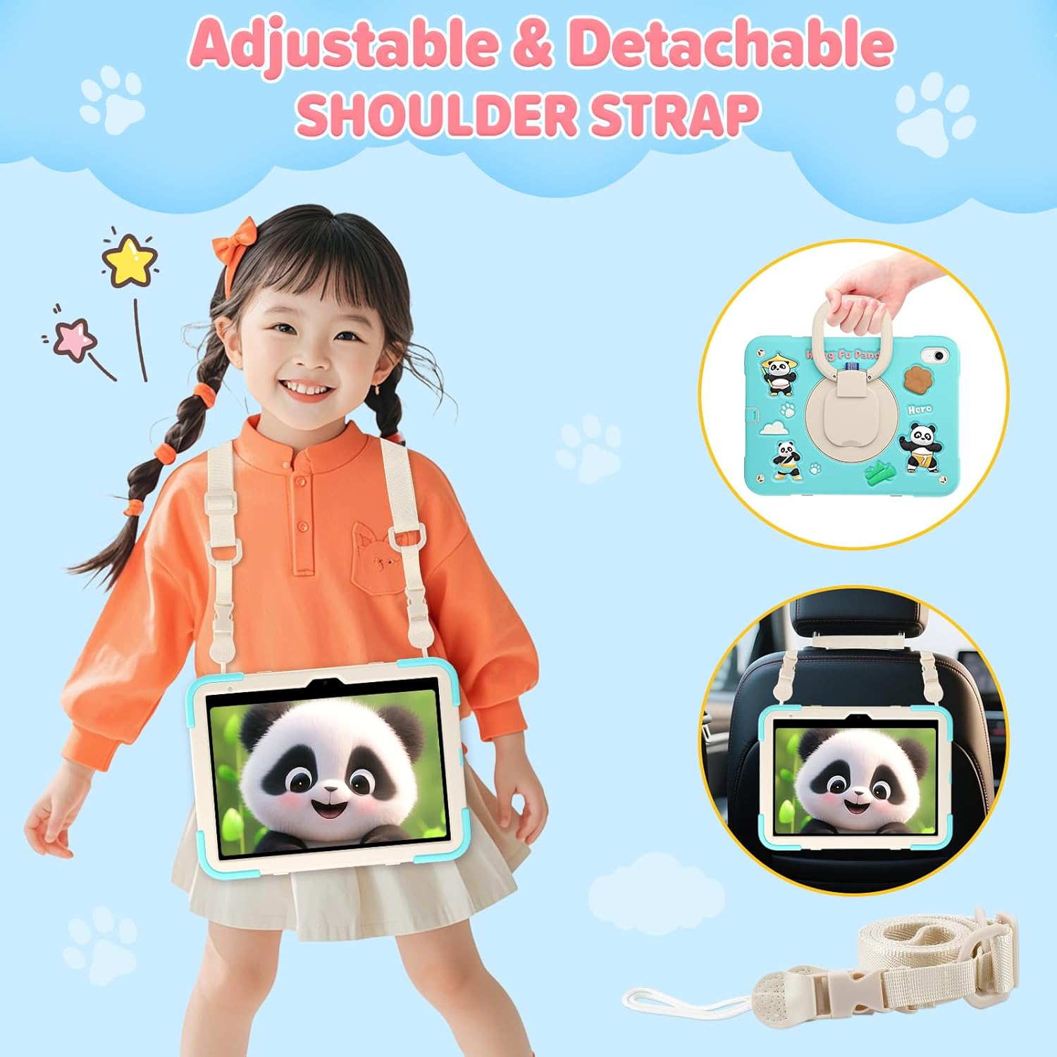 for iPad (A16) 11th Generation Case Kids, iPad 10th Generation with Screen Protector, Rugged Protective Cartoon 3D Panda Warrior Cover with Rotating Stand/Strap/Pen Slot for Kids Teens (Mint+White)