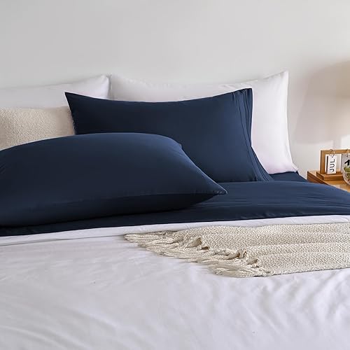 Miniatura 7 de Juego de sábanas de tamaño matrimonial, color azul marino, sábanas bajeras y fundas de almohada, 4 piezas de microfibra suave y refrescante para