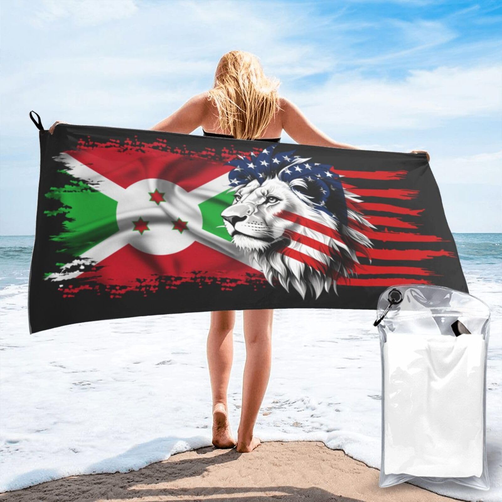 HACXZ Microfiber Beach Towel America Flag and Burundi Flag Large Camping Towel Bathroom Beach Towels