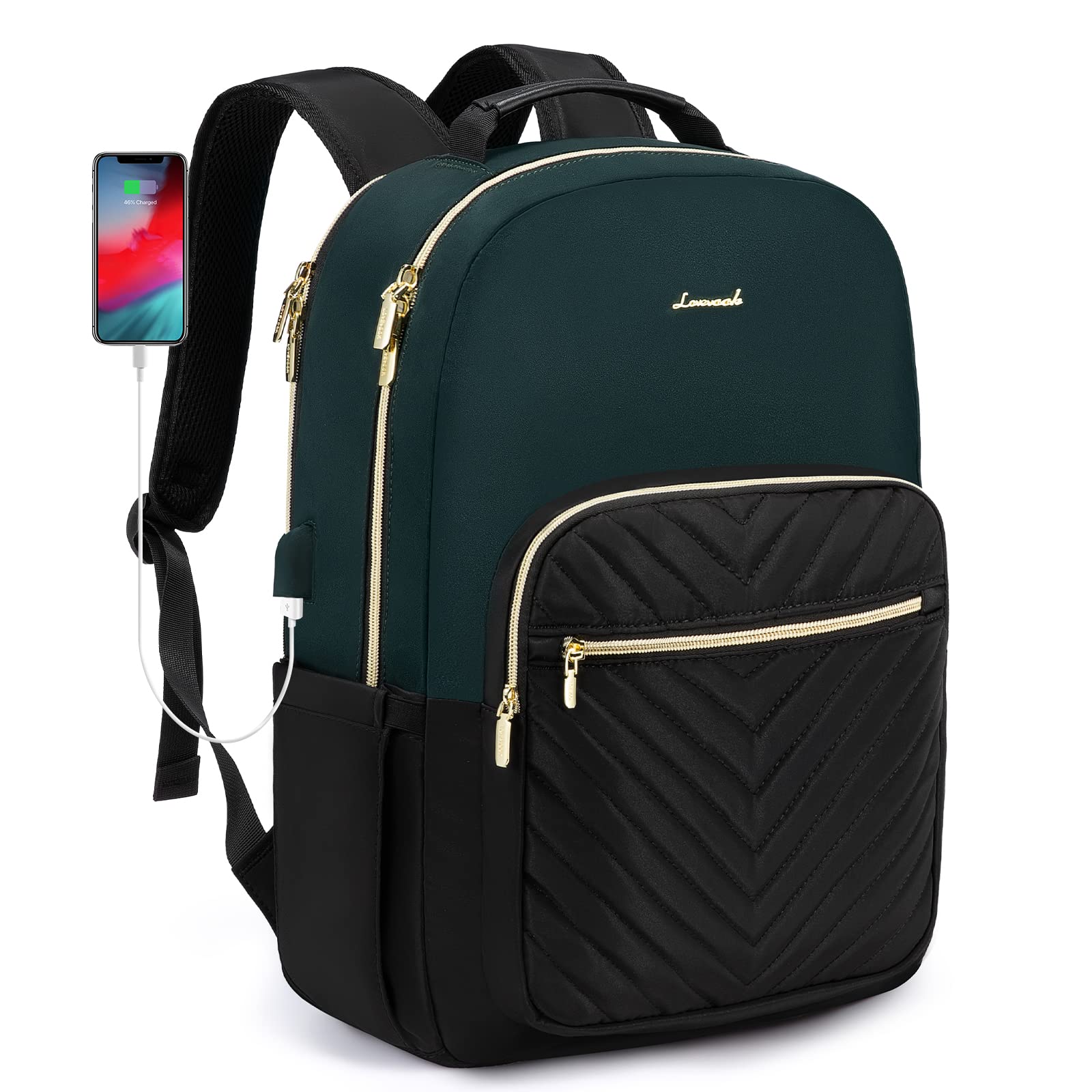 LOVEVOOKBackpack for Women fit 15.6-inch Laptop, Cute Backpack Purse with USB Port, Waterproof Travel Work Bag, Fashion Doctor Professor Nurse College Backpack, Dark Green-Black