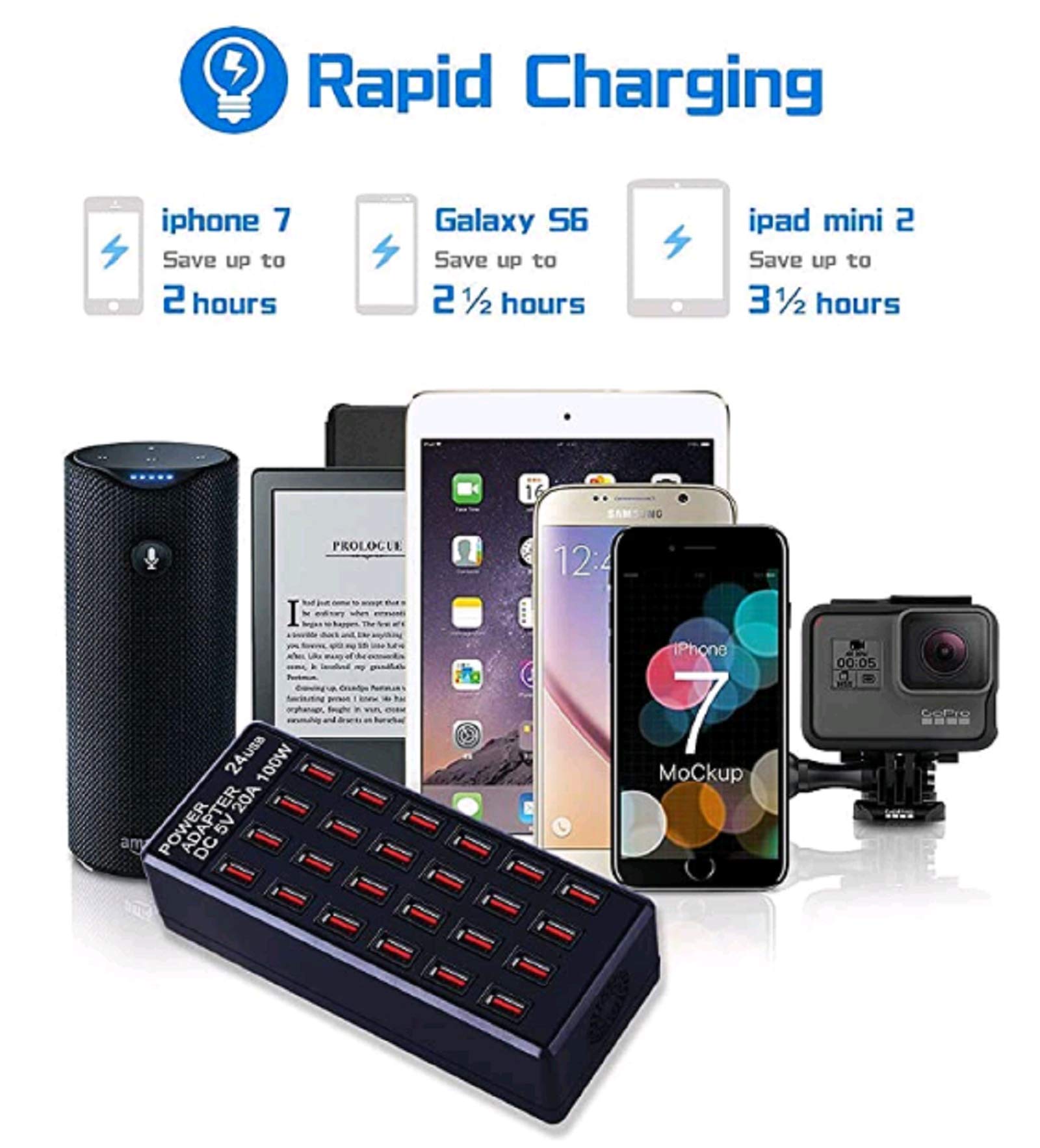 Kosiy 24-Port 100W (20 A) USB Charging Station, Home-Sized Desktop USB Fast Charger, Multiple USB Desktop Chargers for Hotels, Schools, Shops, Shopping malls and Travel (UL Certification)